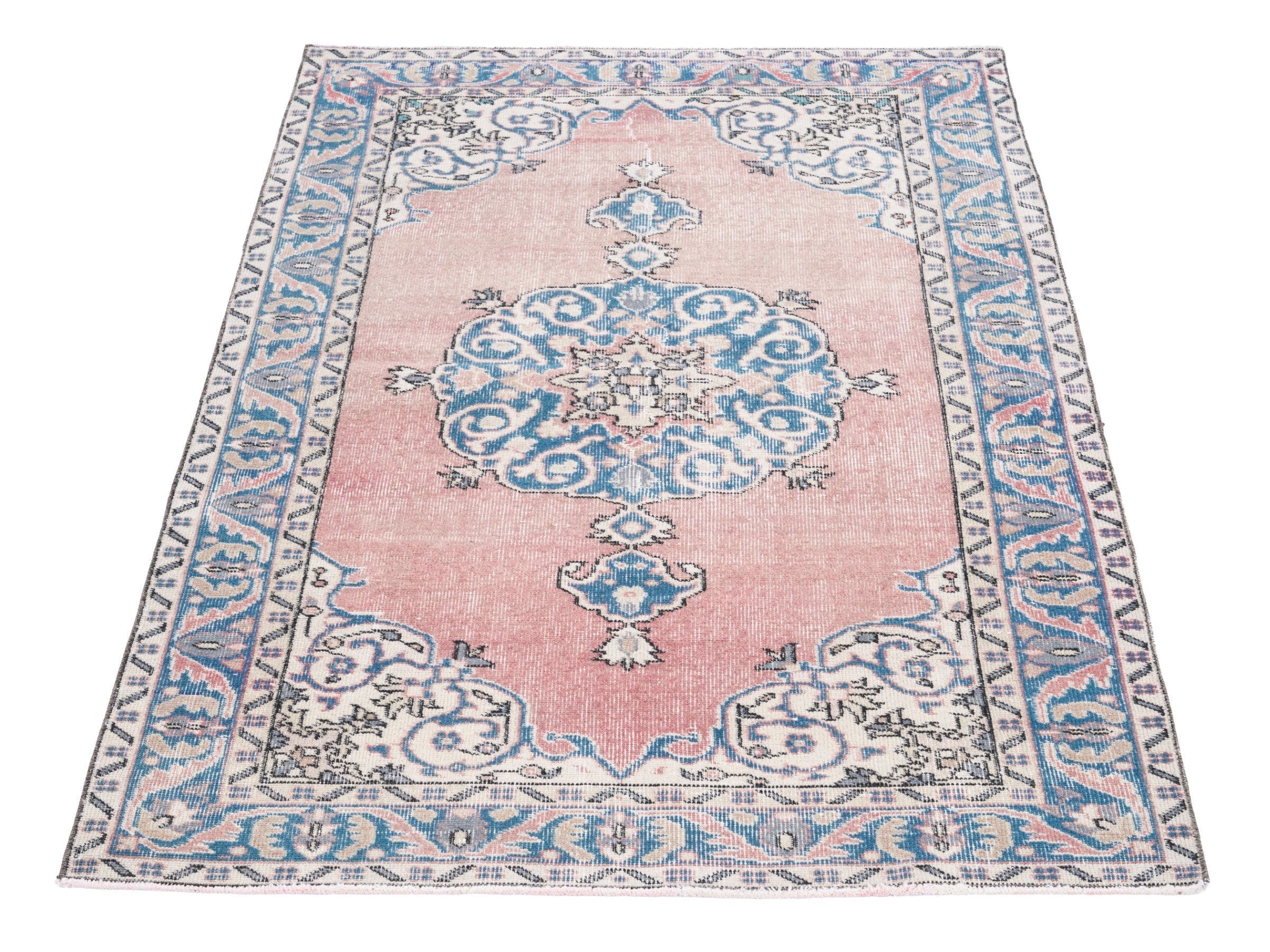 Turkish Isparta area rug in muted pink and denim, view 2 of 10