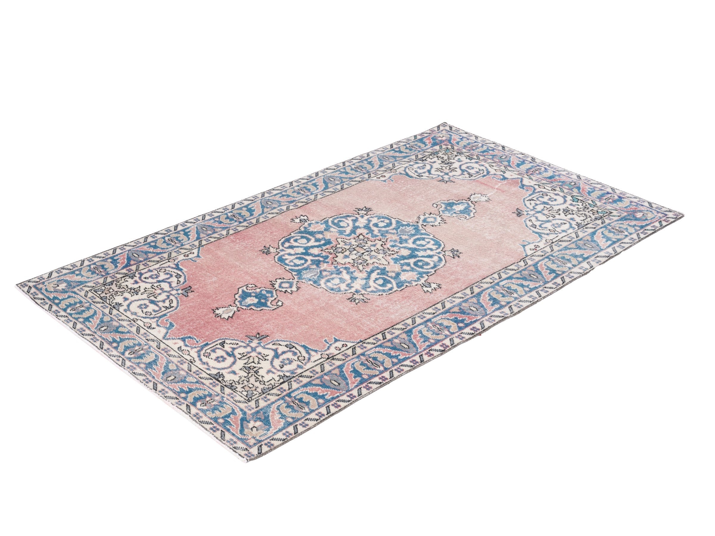 Turkish Isparta area rug in muted pink and denim, view 3 of 10