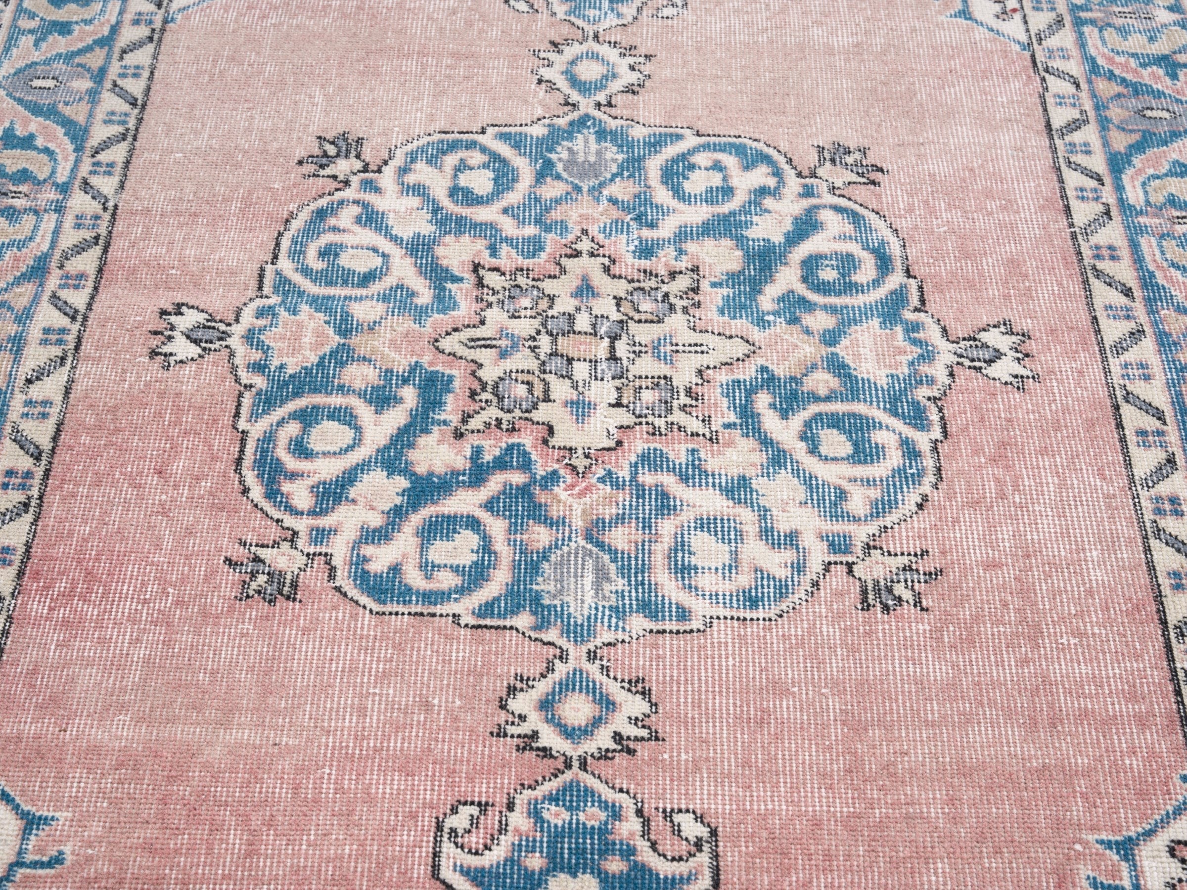Turkish Isparta area rug in muted pink and denim, view 4 of 10