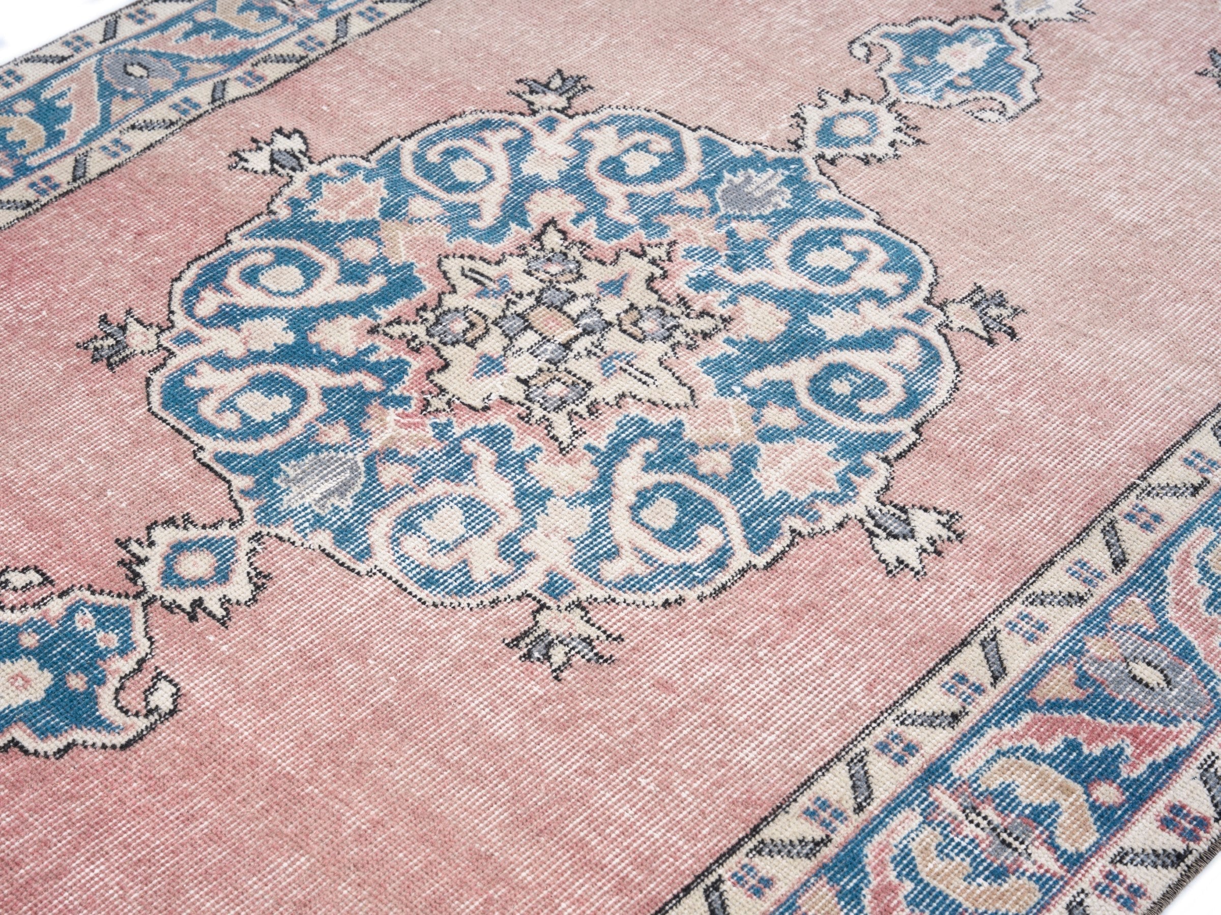 Turkish Isparta area rug in muted pink and denim, view 5 of 10