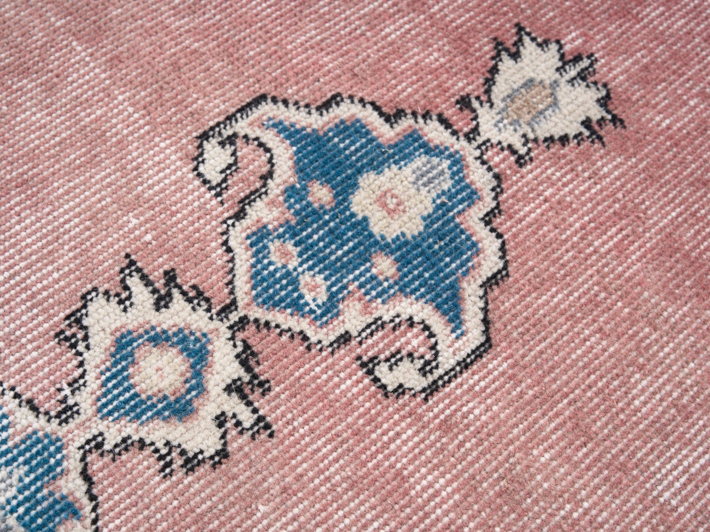 Turkish Isparta area rug in muted pink and denim, view 7 of 10
