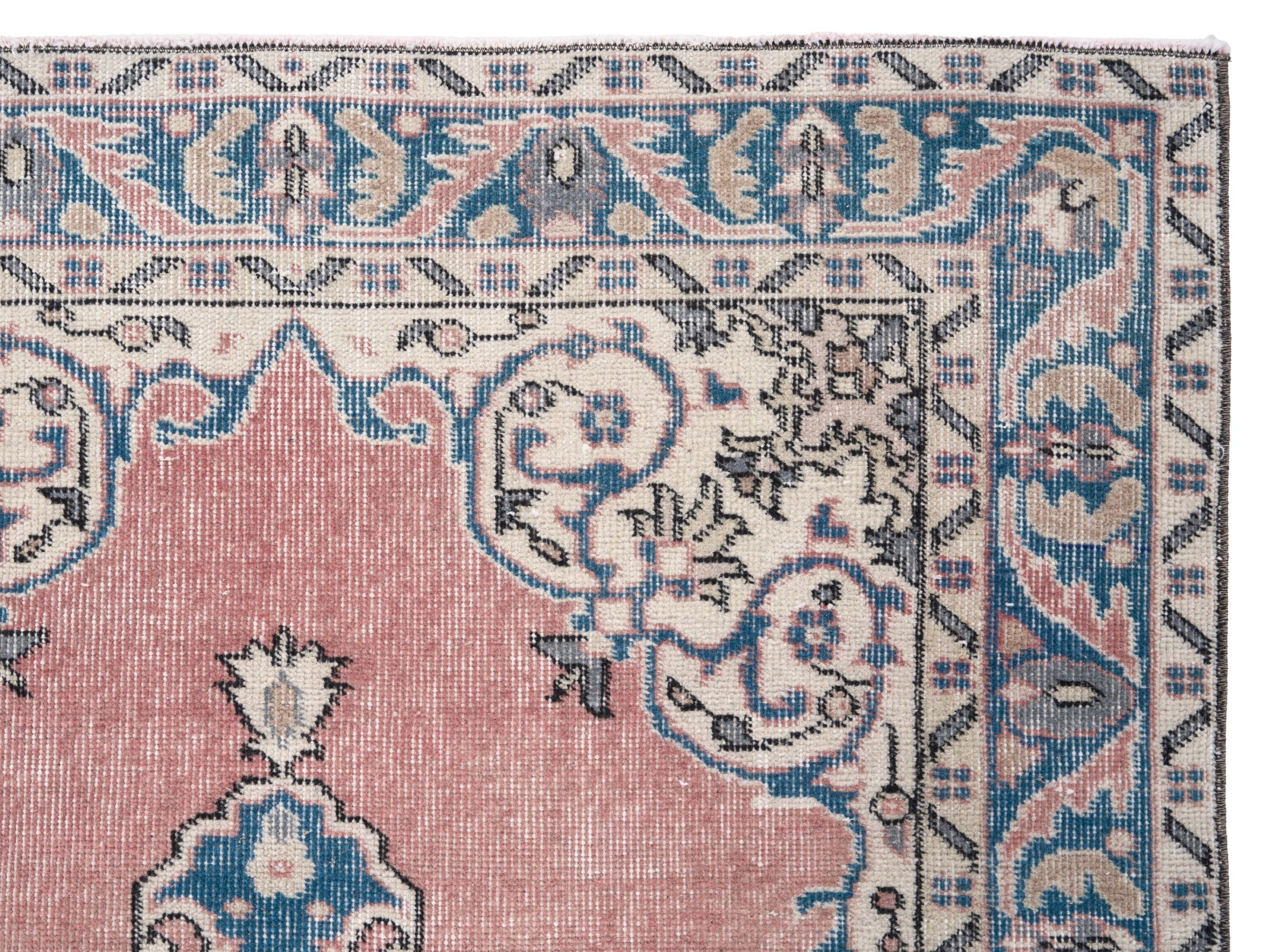 Turkish Isparta area rug in muted pink and denim, view 8 of 10