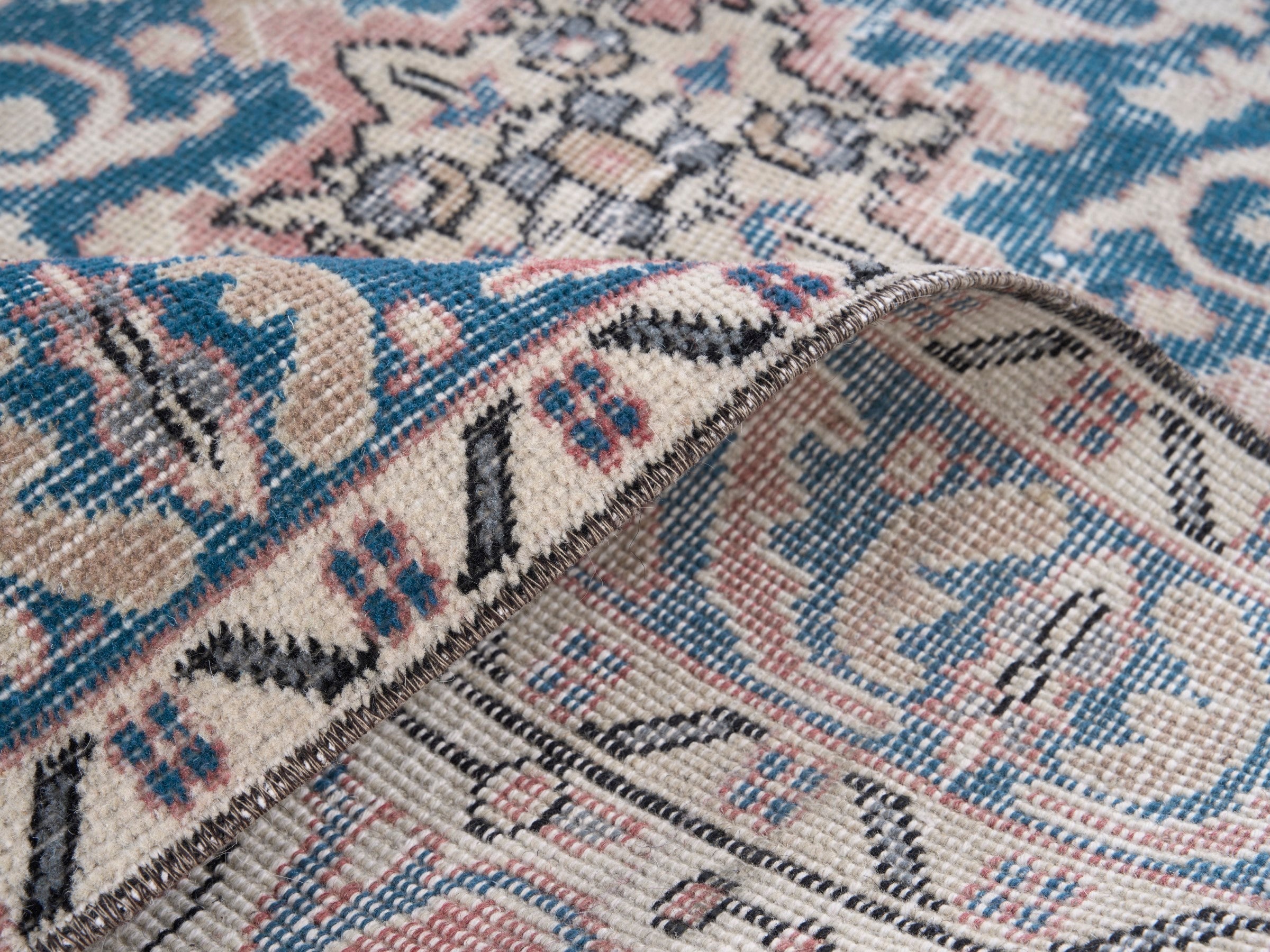 Turkish Isparta area rug in muted pink and denim, view 9 of 10