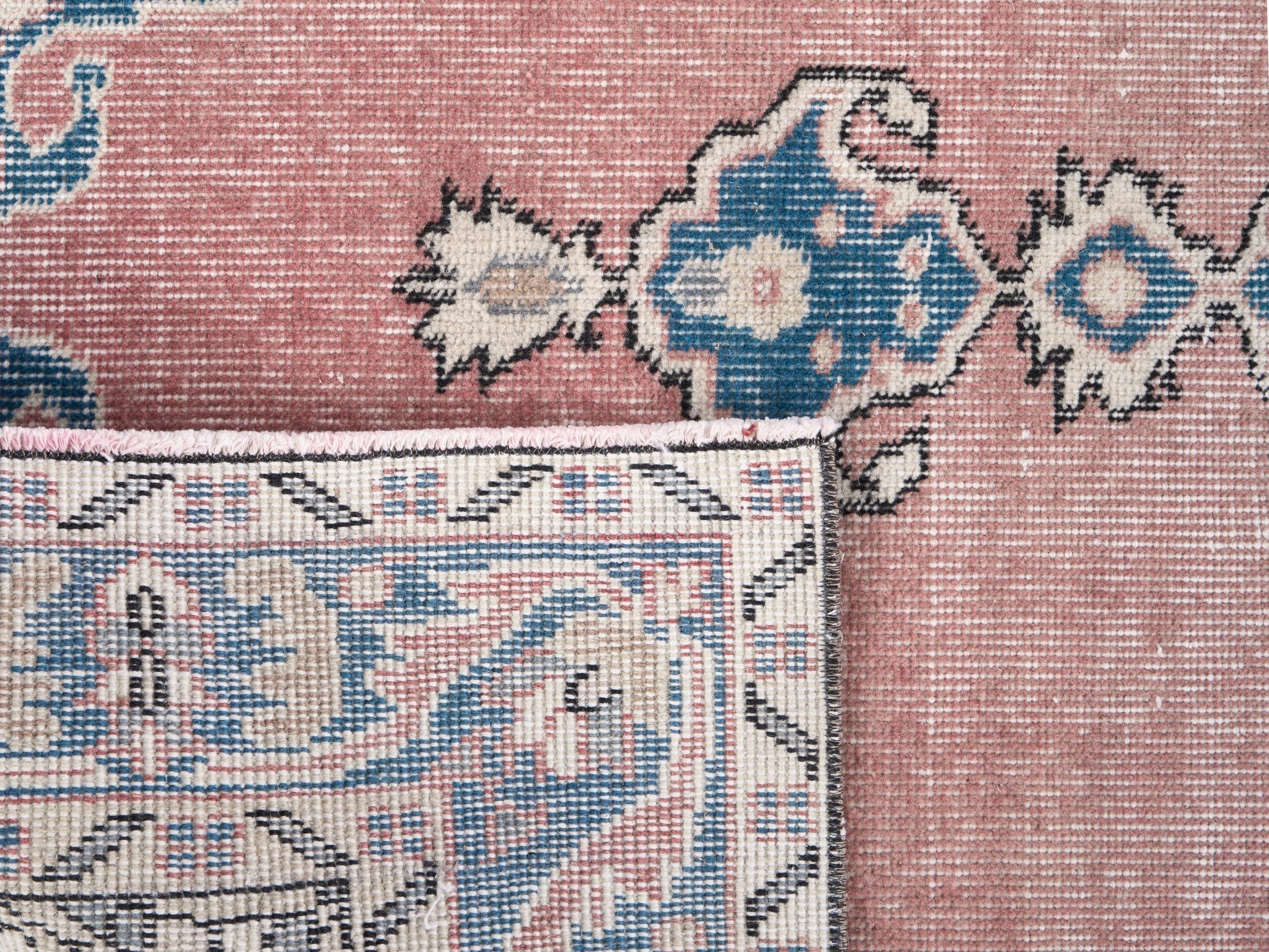 Turkish Isparta area rug in muted pink and denim, view 10 of 10