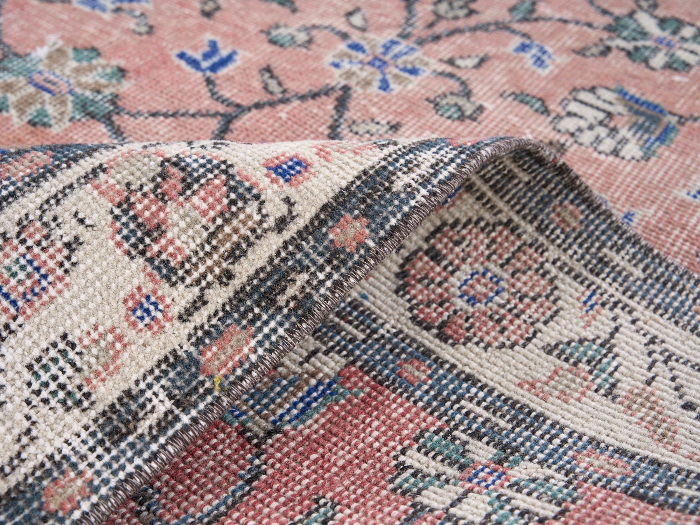 Turkish Isparta area rug in dusty rose and cream, view 9 of 10