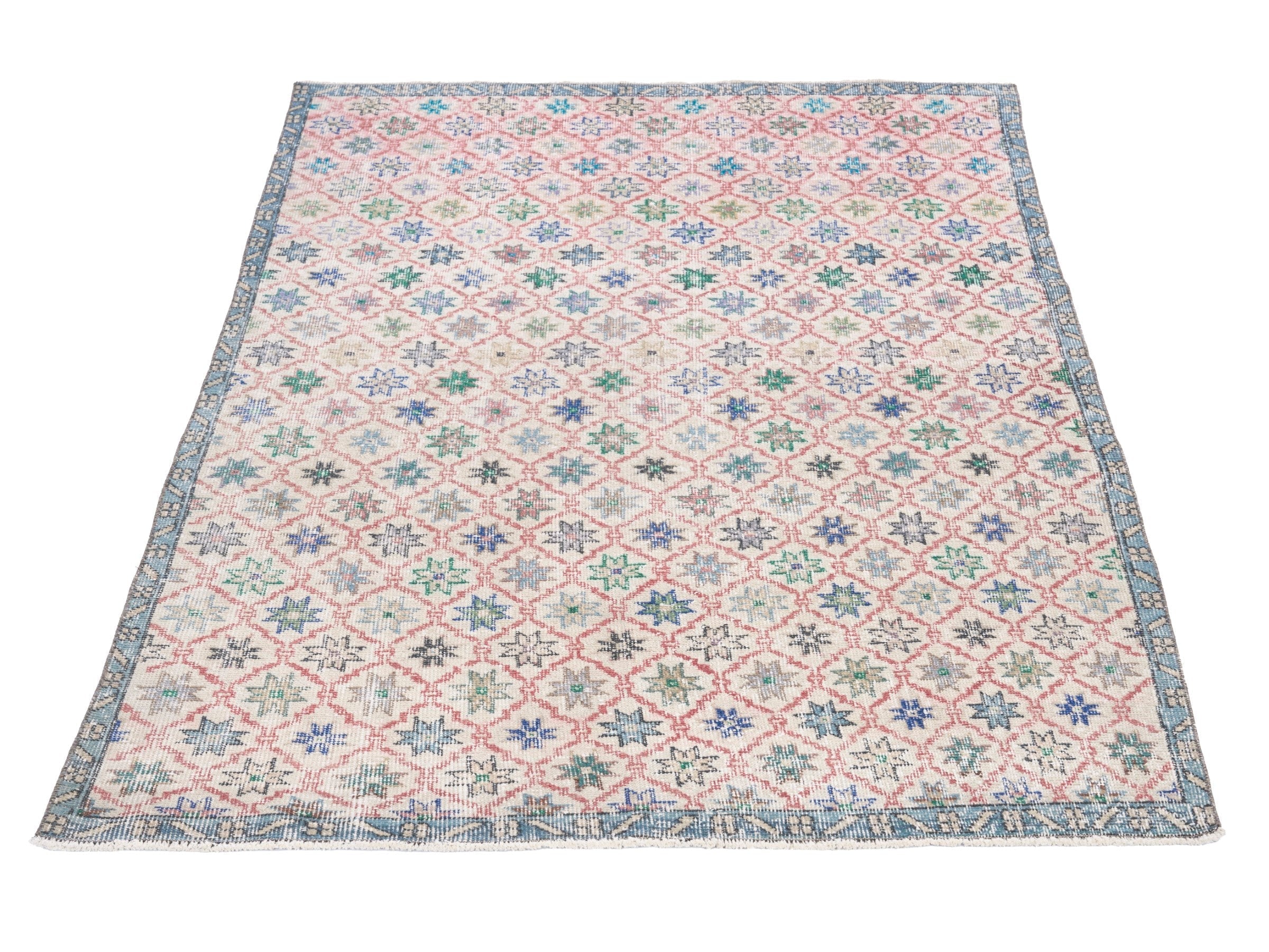 Turkish Isparta area rug in muted pink and dusty blue, view 2 of 10