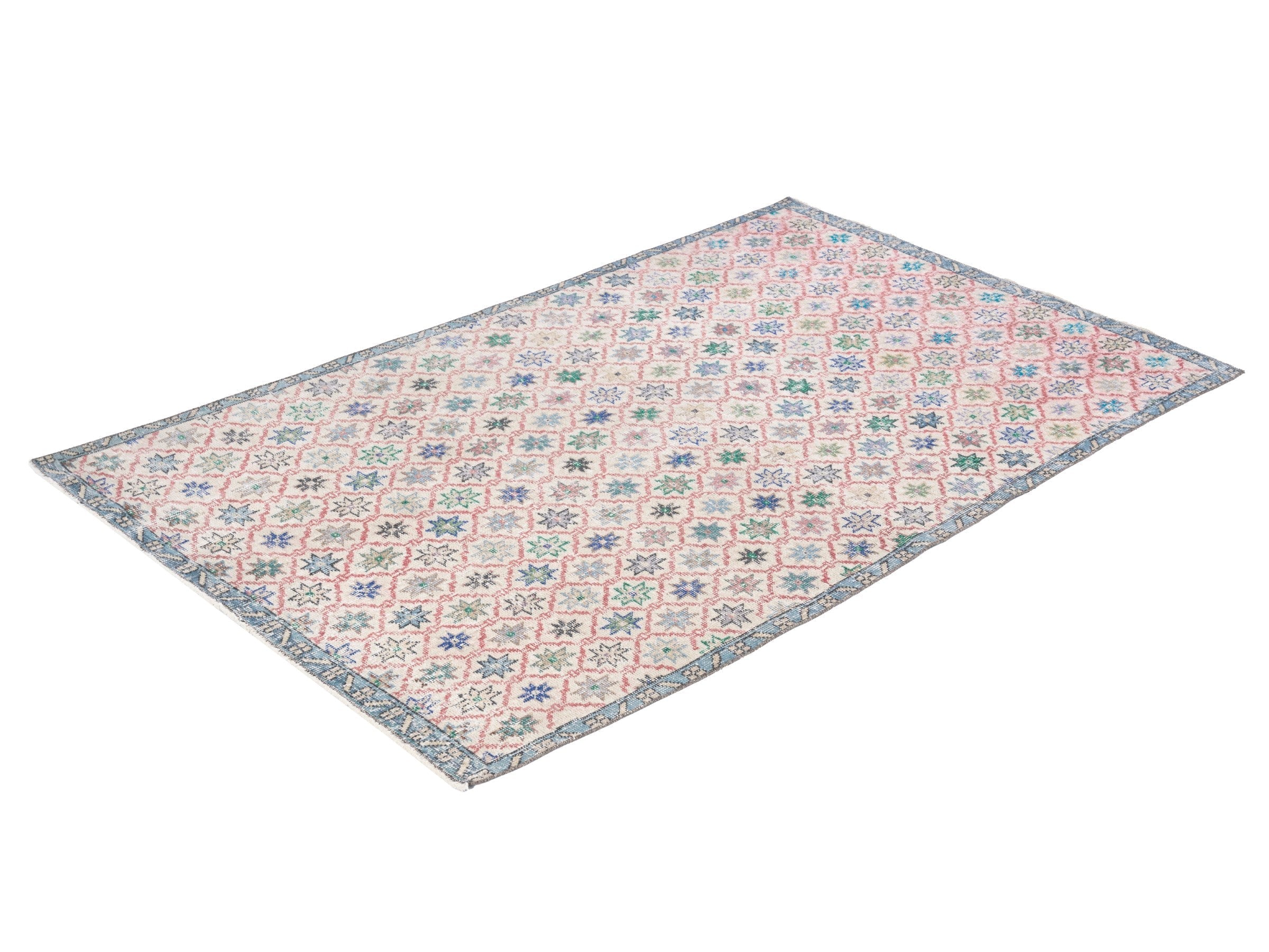 Turkish Isparta area rug in muted pink and dusty blue, view 3 of 10