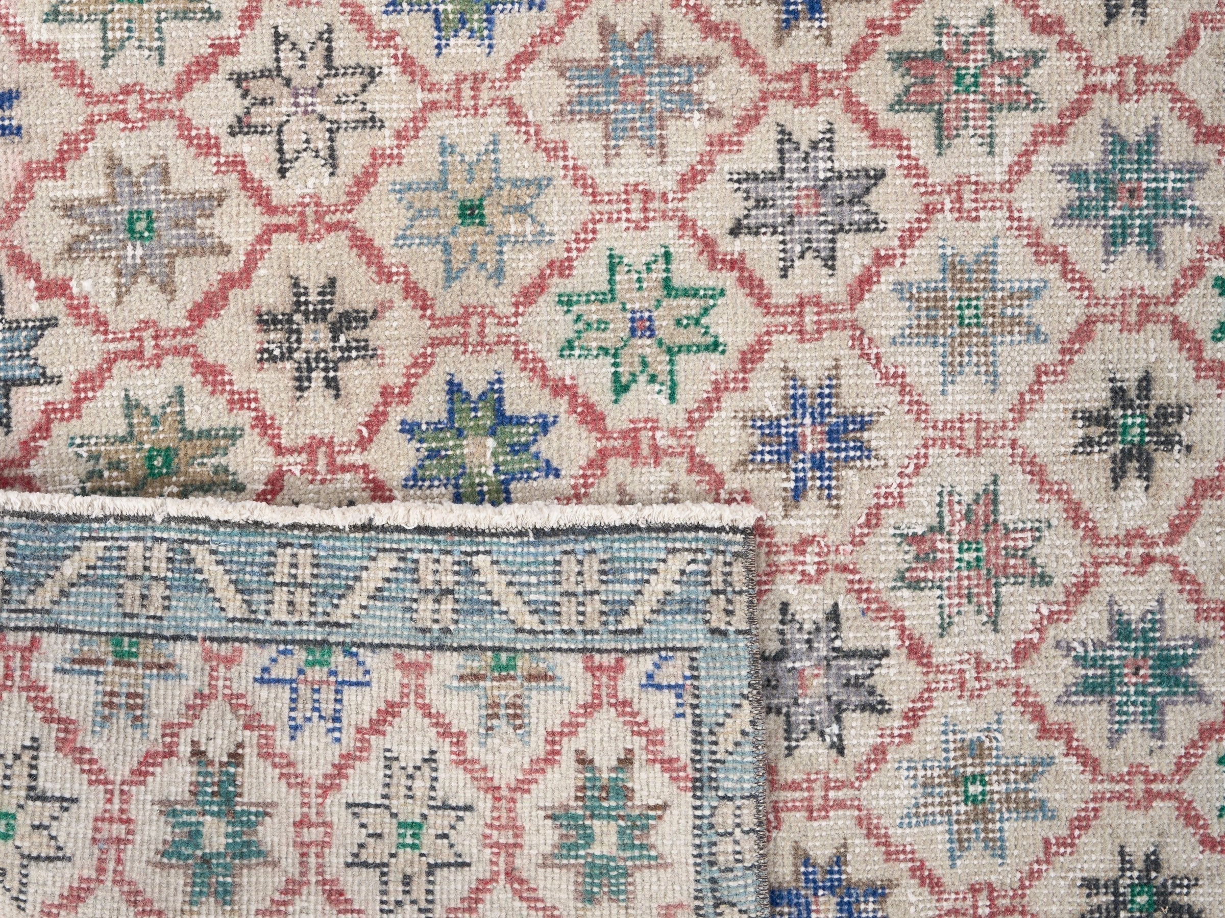 Turkish Isparta area rug in muted pink and dusty blue, view 10 of 10