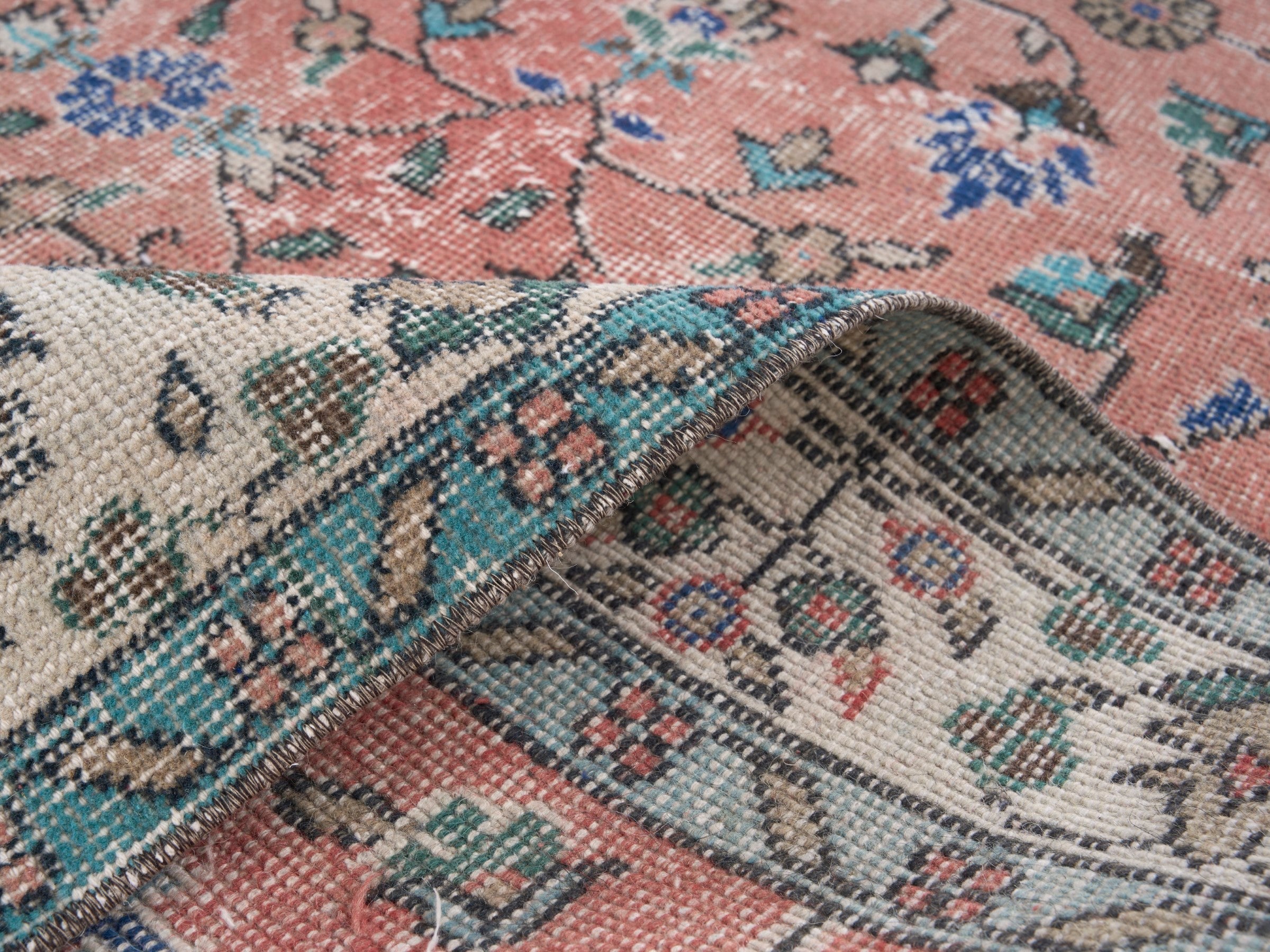 Turkish Isparta area rug in dusty rose and cream, view 9 of 10