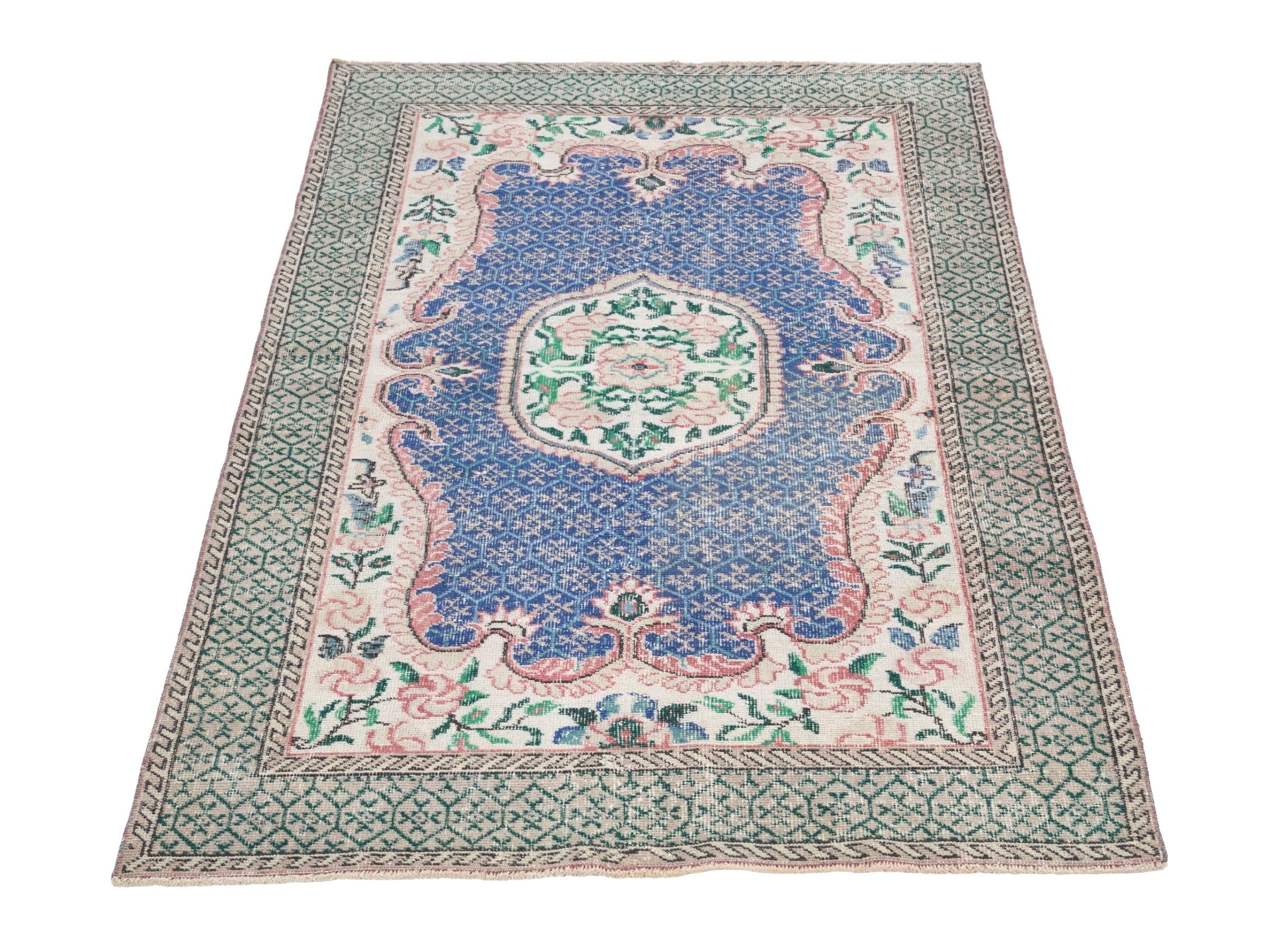 Turkish Isparta area rug in blue and sage, view 2 of 10