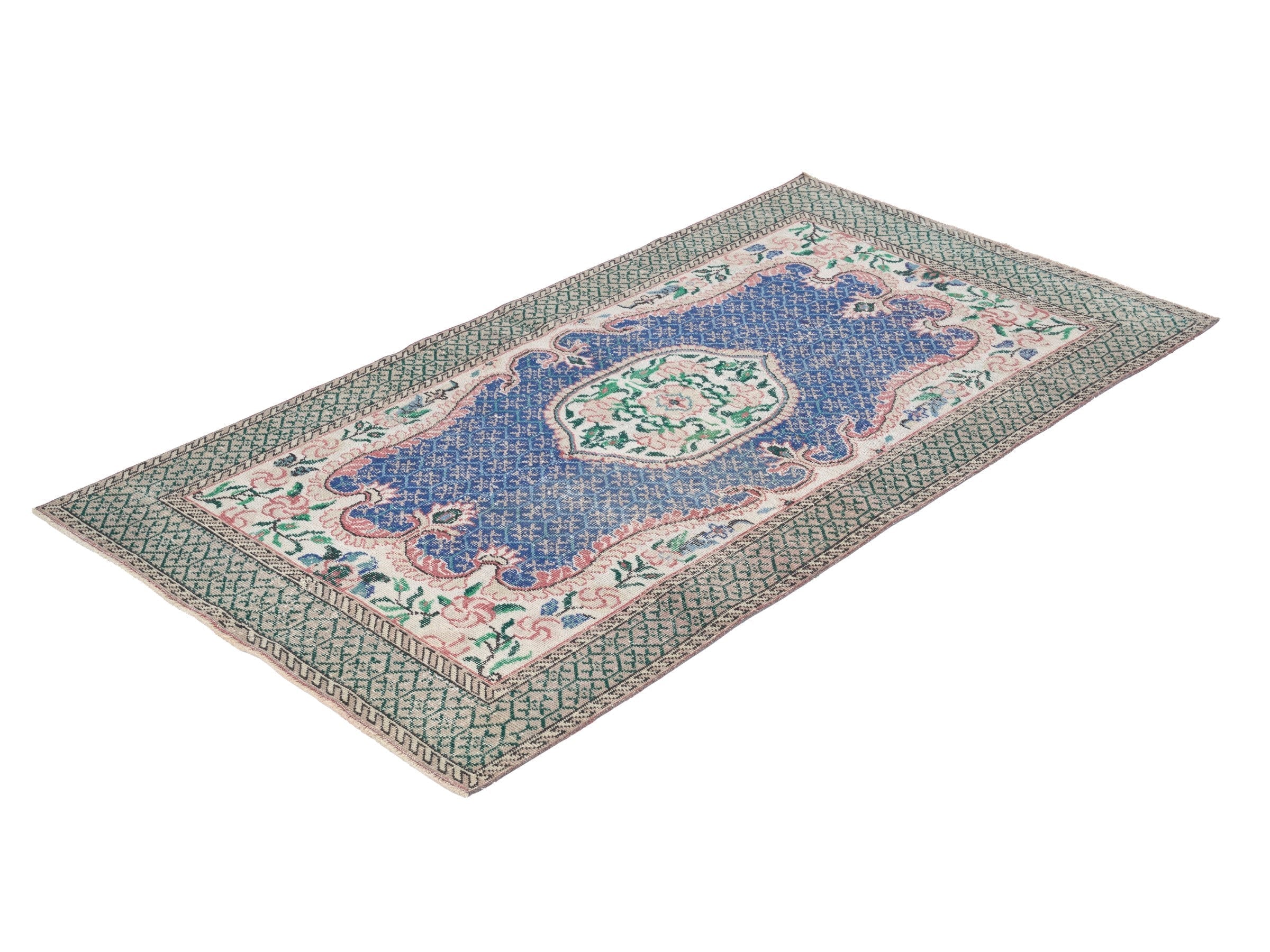 Turkish Isparta area rug in blue and sage, view 3 of 10