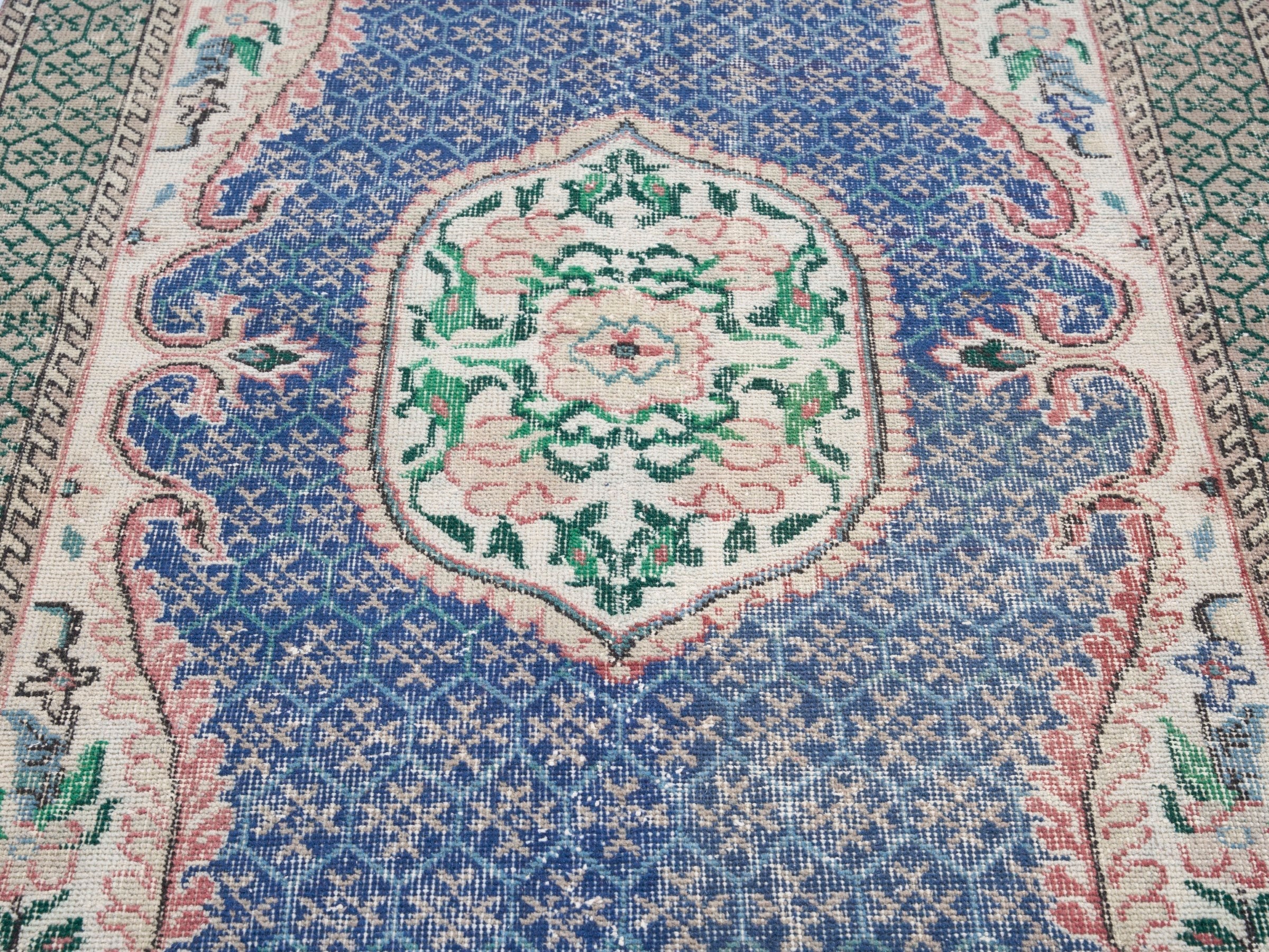 Turkish Isparta area rug in blue and sage, view 4 of 10