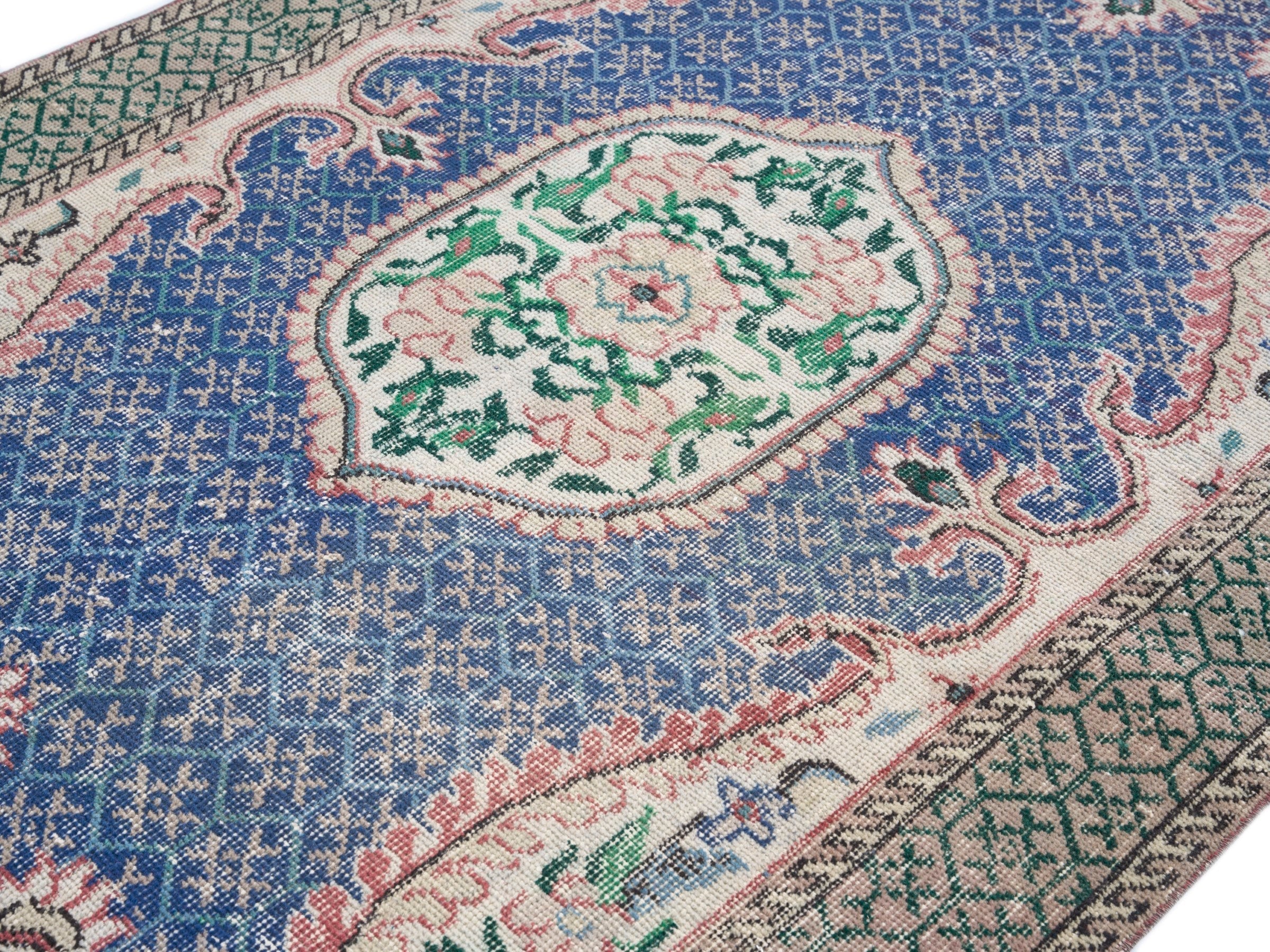 Turkish Isparta area rug in blue and sage, view 5 of 10
