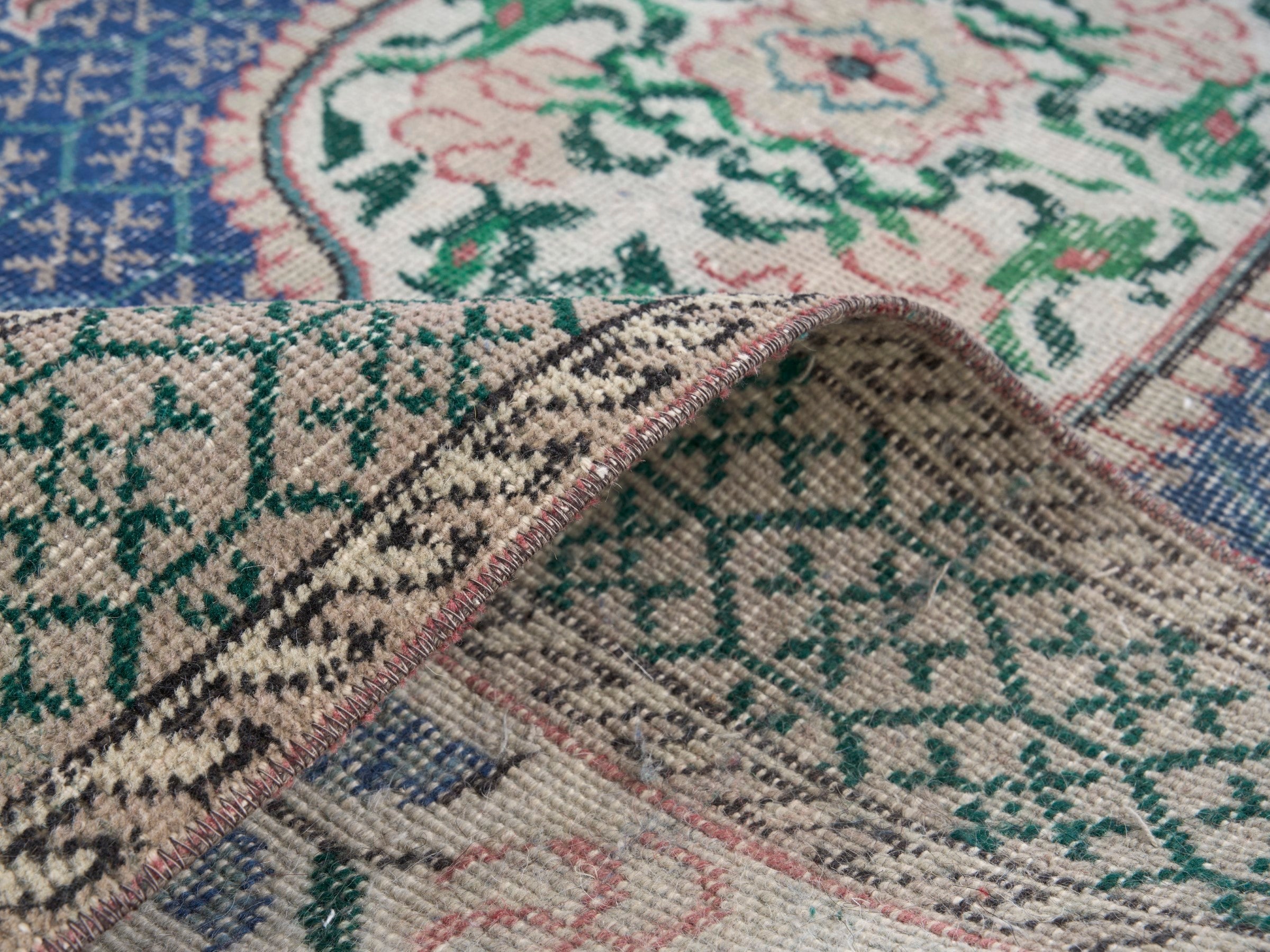 Turkish Isparta area rug in blue and sage, view 9 of 10