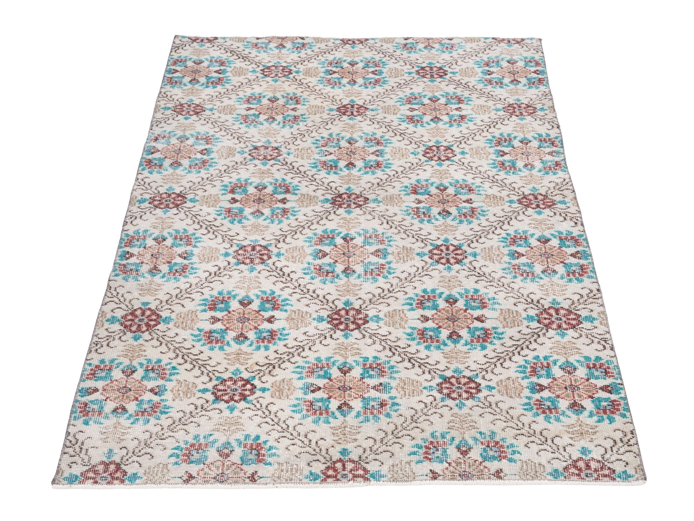 Turkish Isparta area rug in cream and turquoise, view 2 of 10