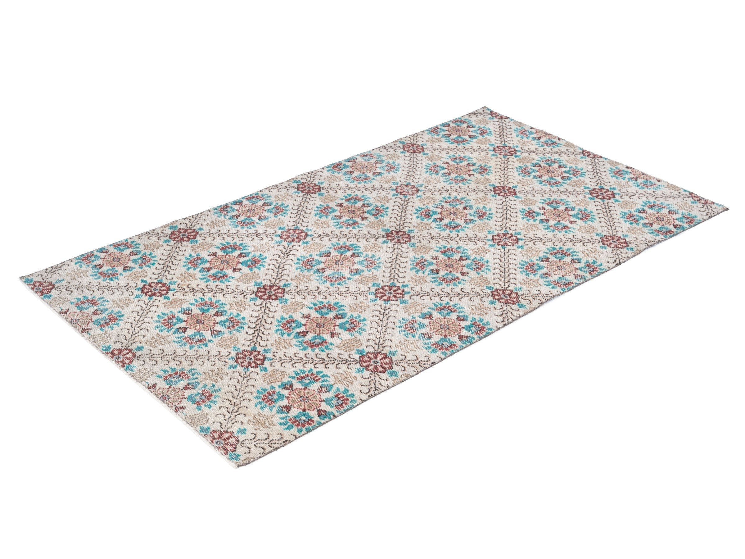 Turkish Isparta area rug in cream and turquoise, view 3 of 10