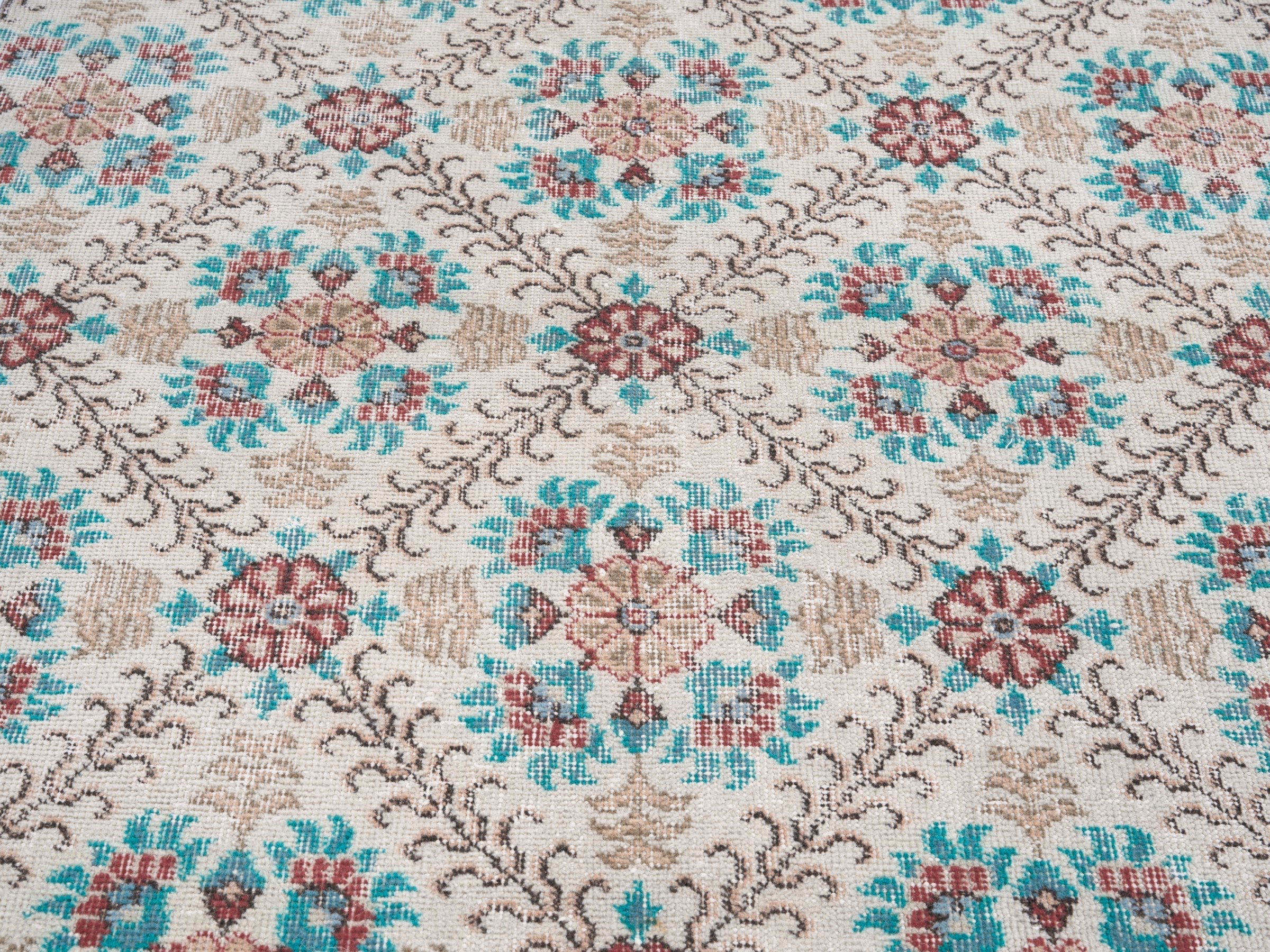 Turkish Isparta area rug in cream and turquoise, view 4 of 10