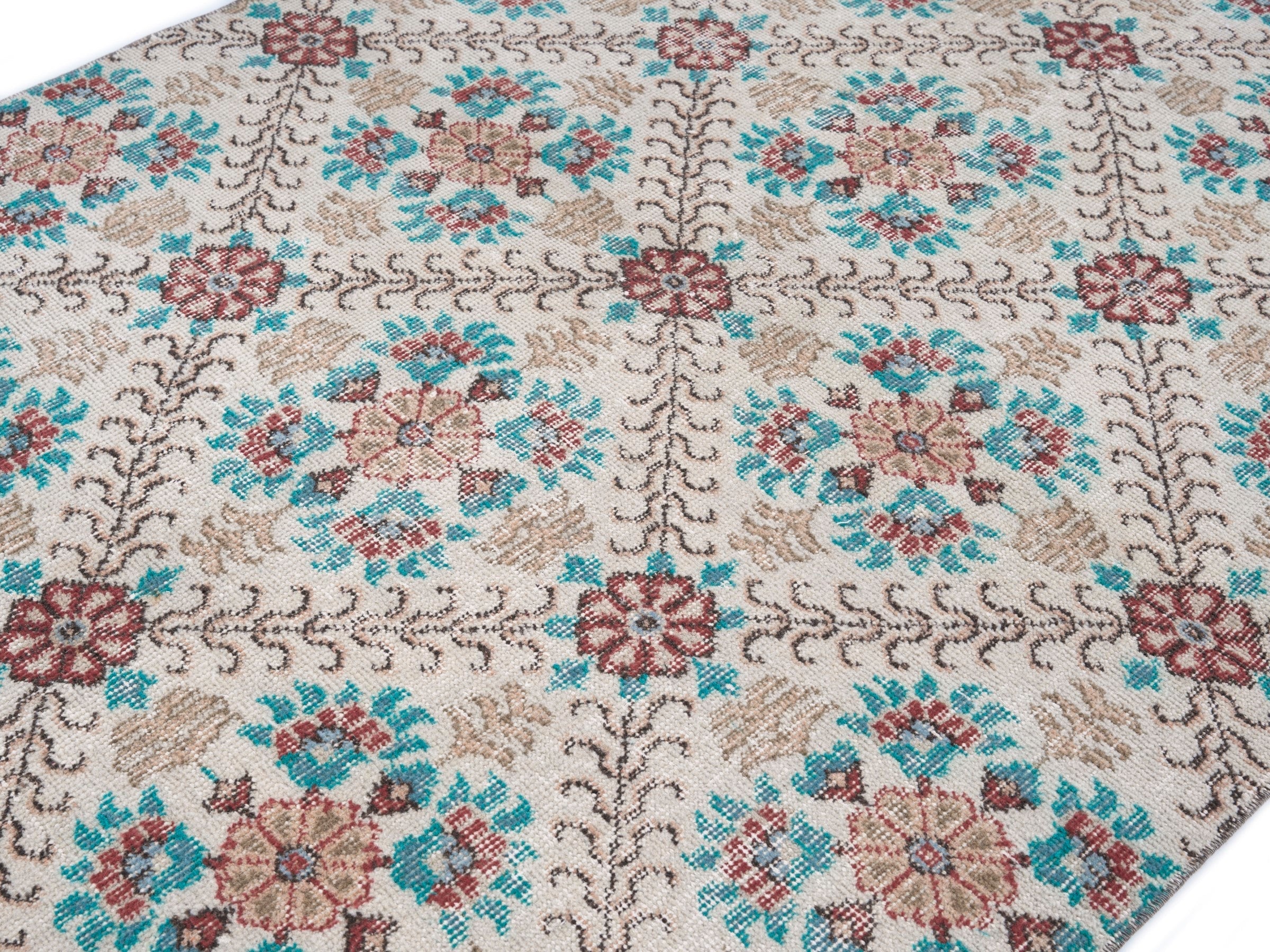 Turkish Isparta area rug in cream and turquoise, view 5 of 10