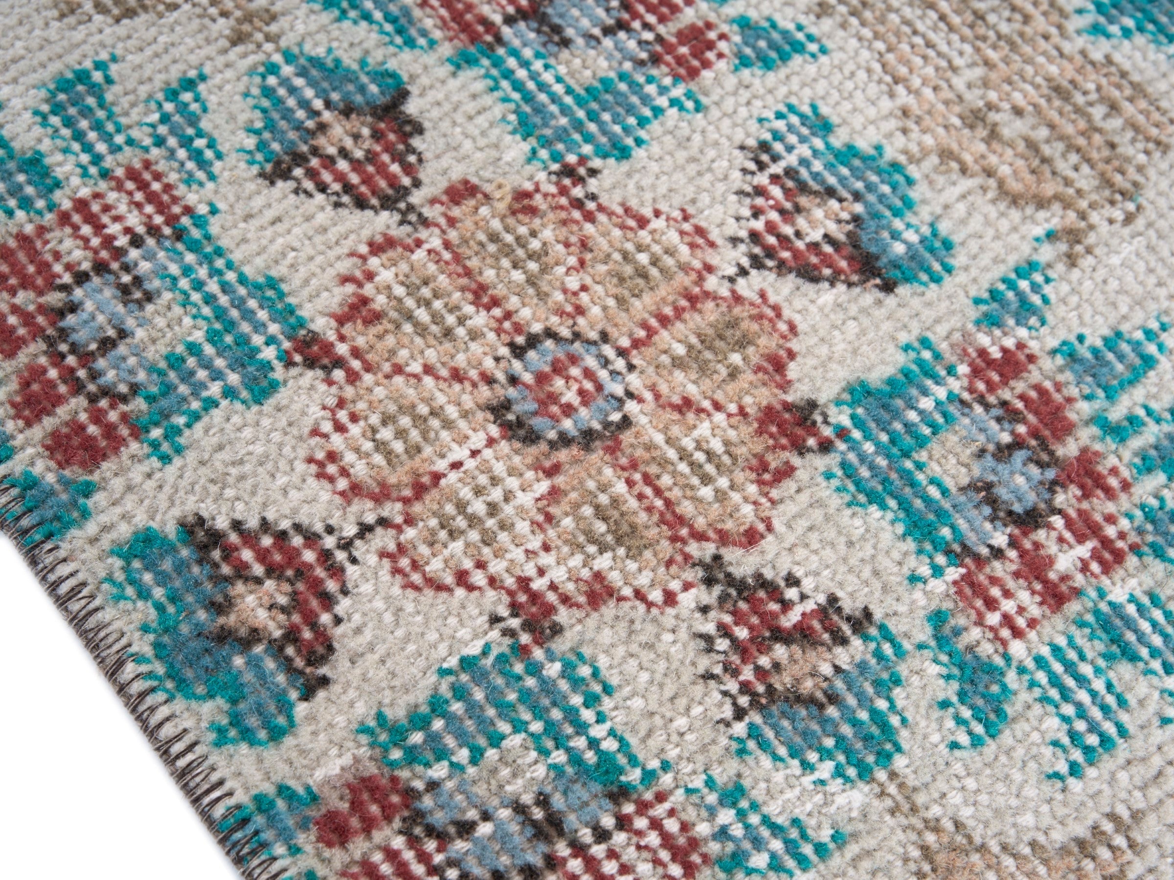 Turkish Isparta area rug in cream and turquoise, view 6 of 10