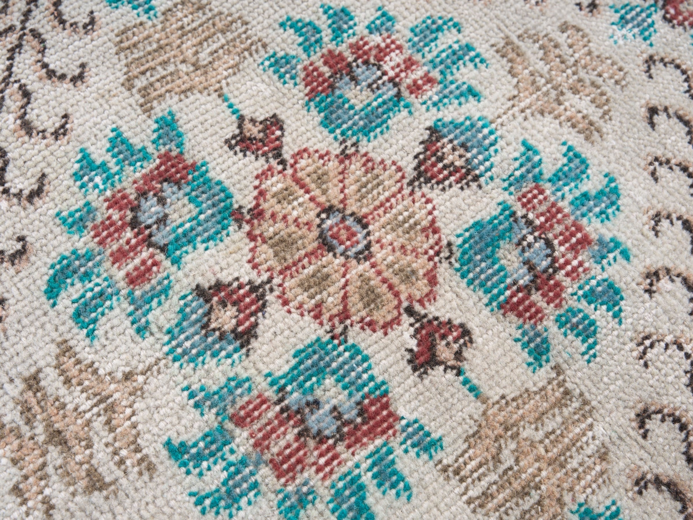 Turkish Isparta area rug in cream and turquoise, view 7 of 10