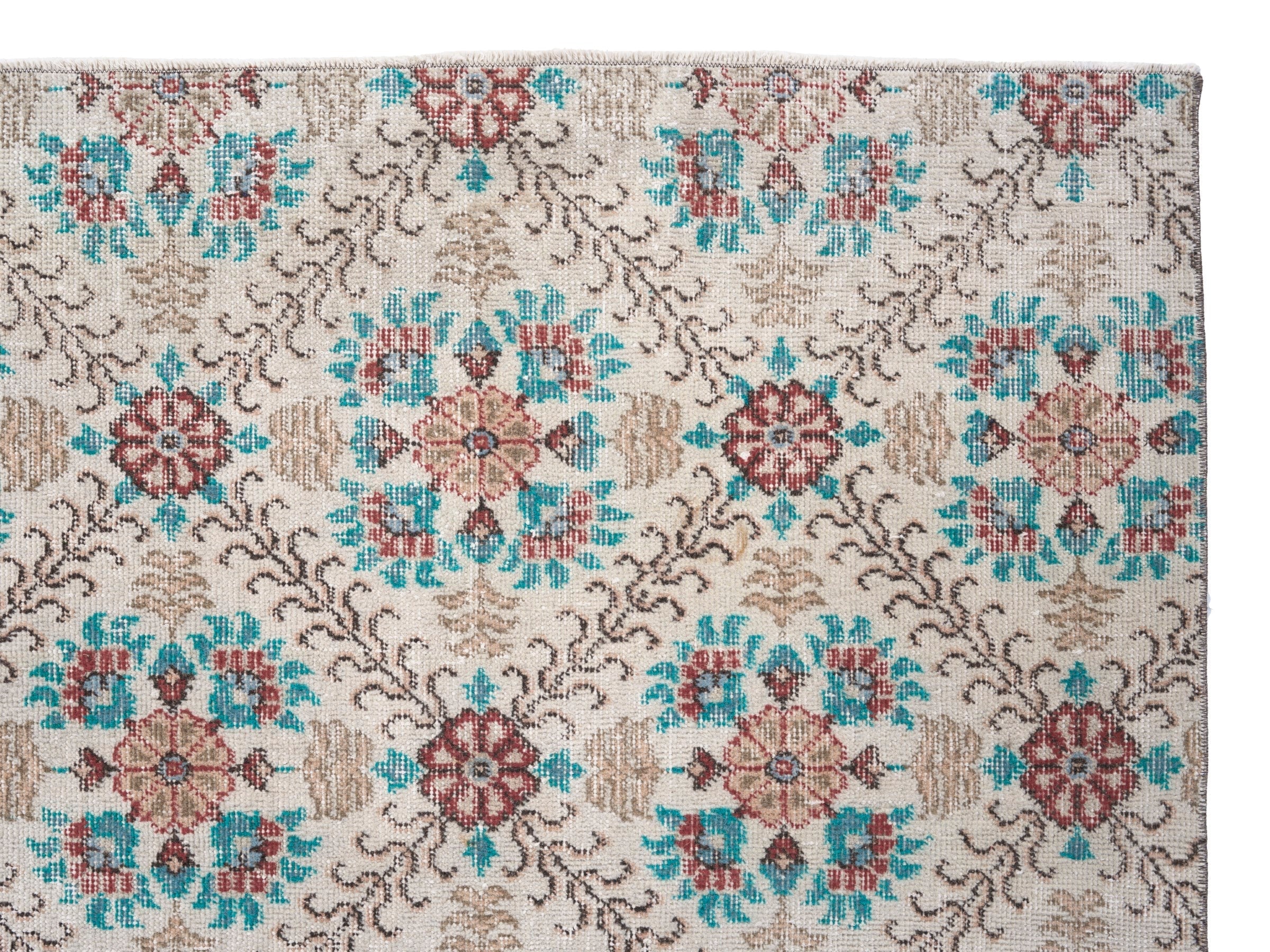 Turkish Isparta area rug in cream and turquoise, view 8 of 10
