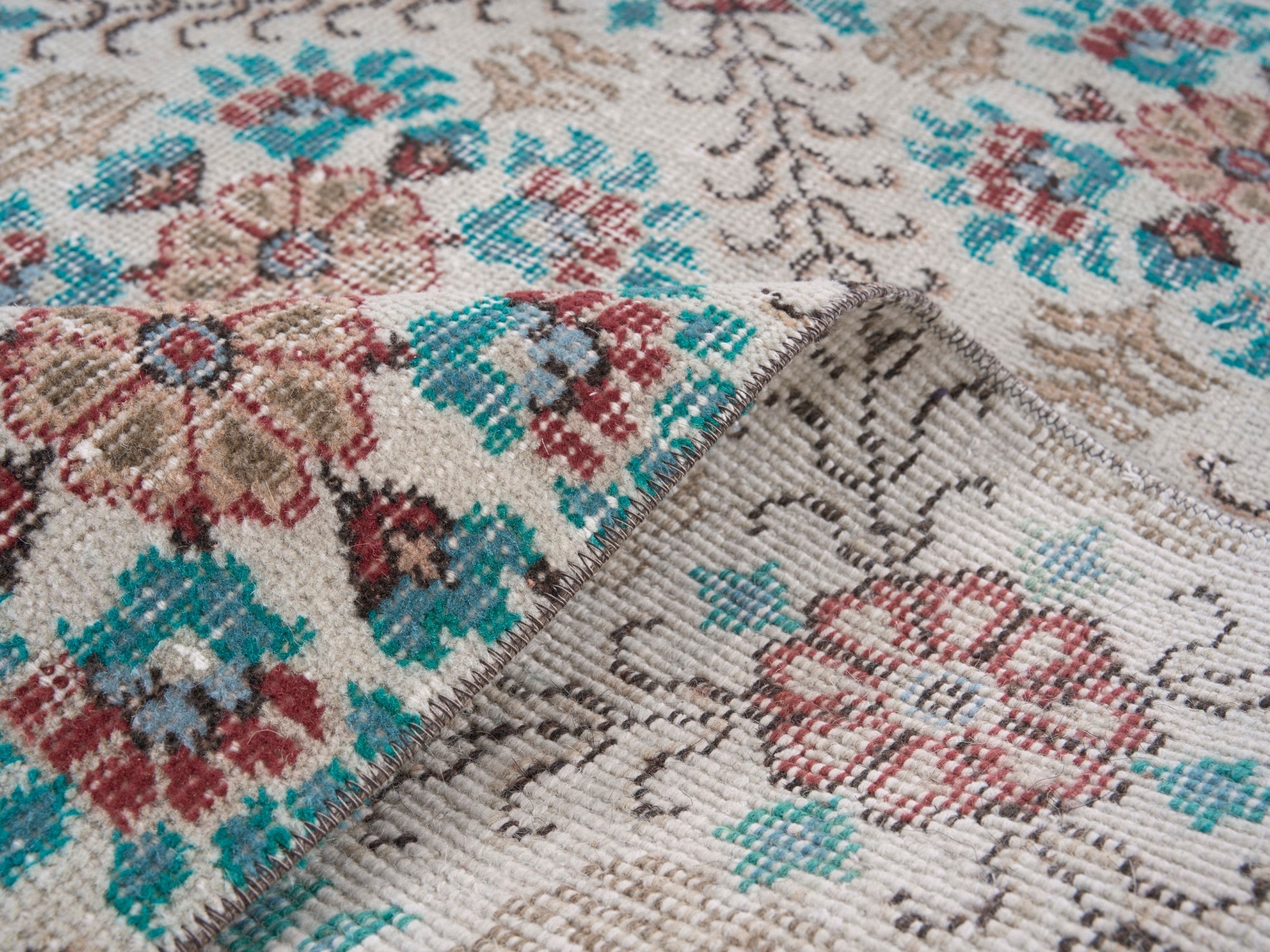 Turkish Isparta area rug in cream and turquoise, view 9 of 10