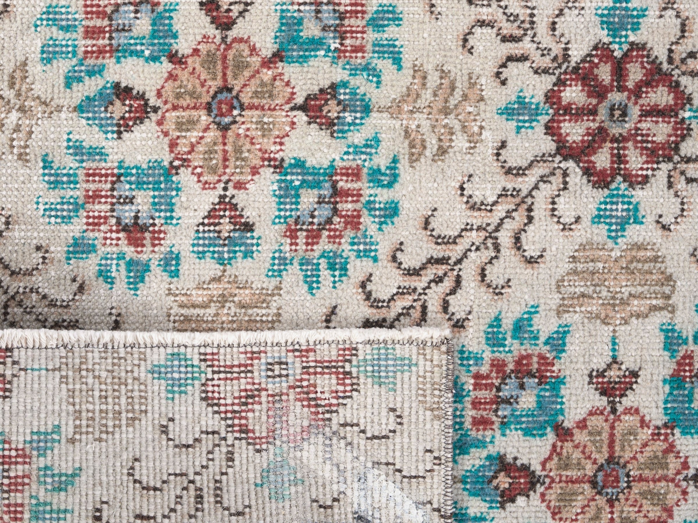 Turkish Isparta area rug in cream and turquoise, view 10 of 10