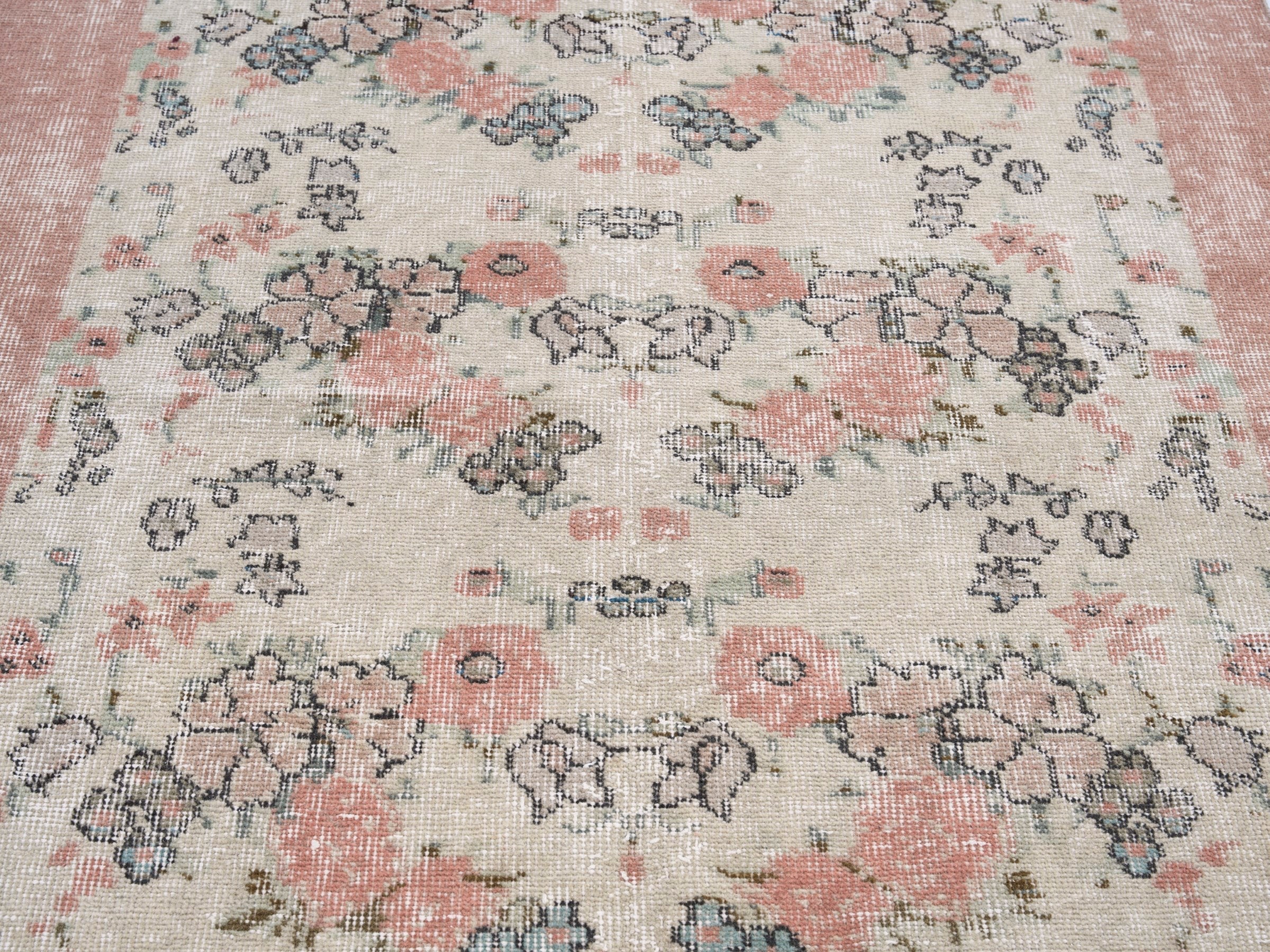Turkish Isparta area rug in cream and dusty rose, view 4 of 10