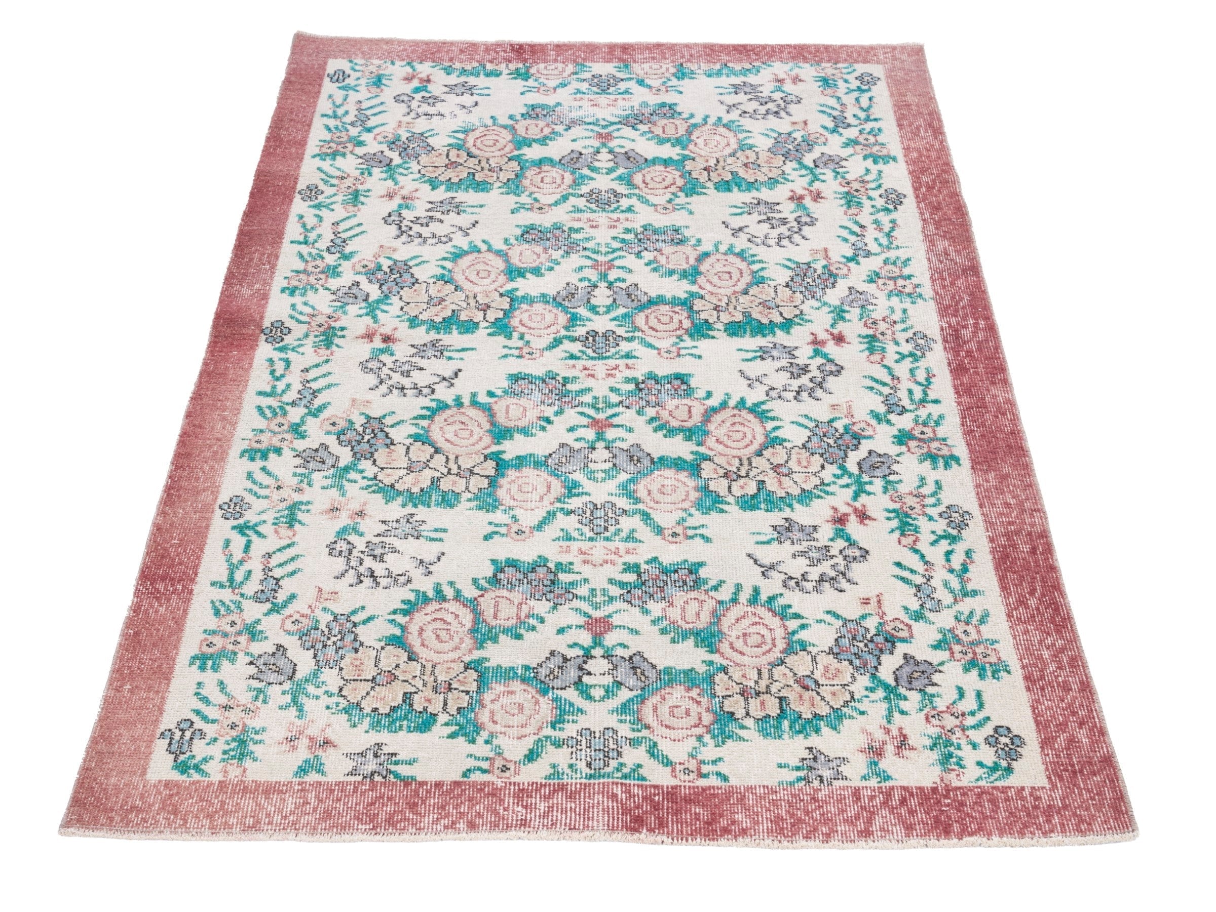 Turkish Isparta area rug in cream and teal, view 2 of 5