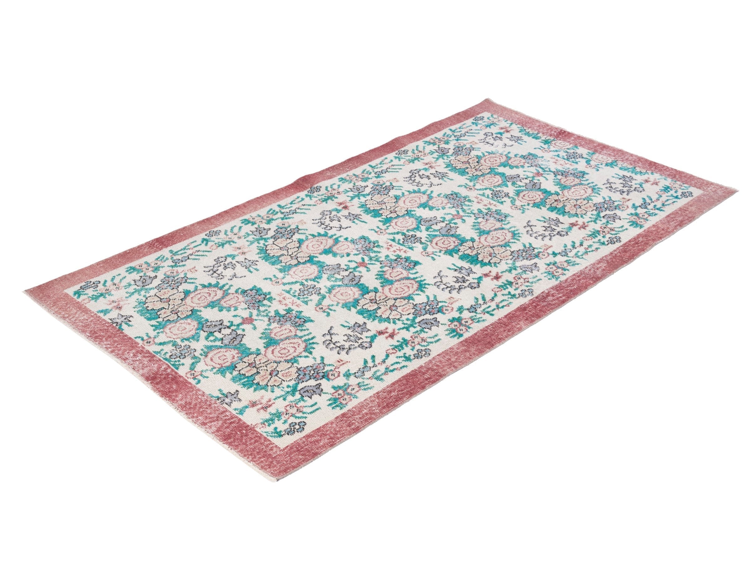 Turkish Isparta area rug in cream and teal, view 3 of 5