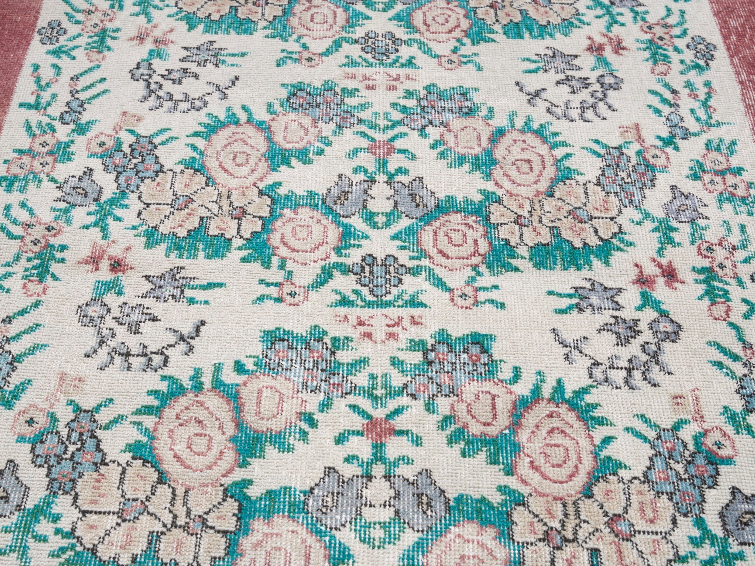 Turkish Isparta area rug in cream and teal, view 4 of 5