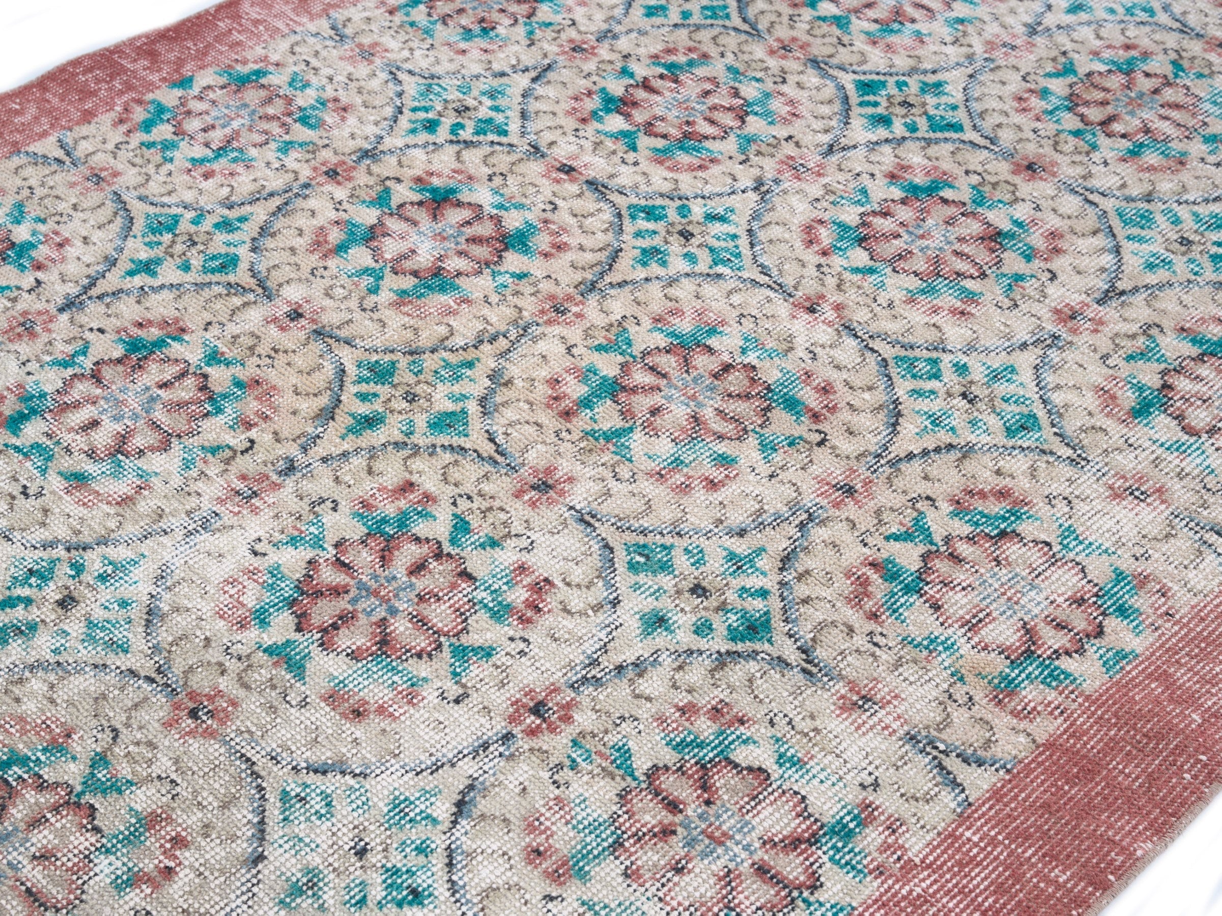 Turkish Isparta area rug in cream and dusty rose, view 5 of 10