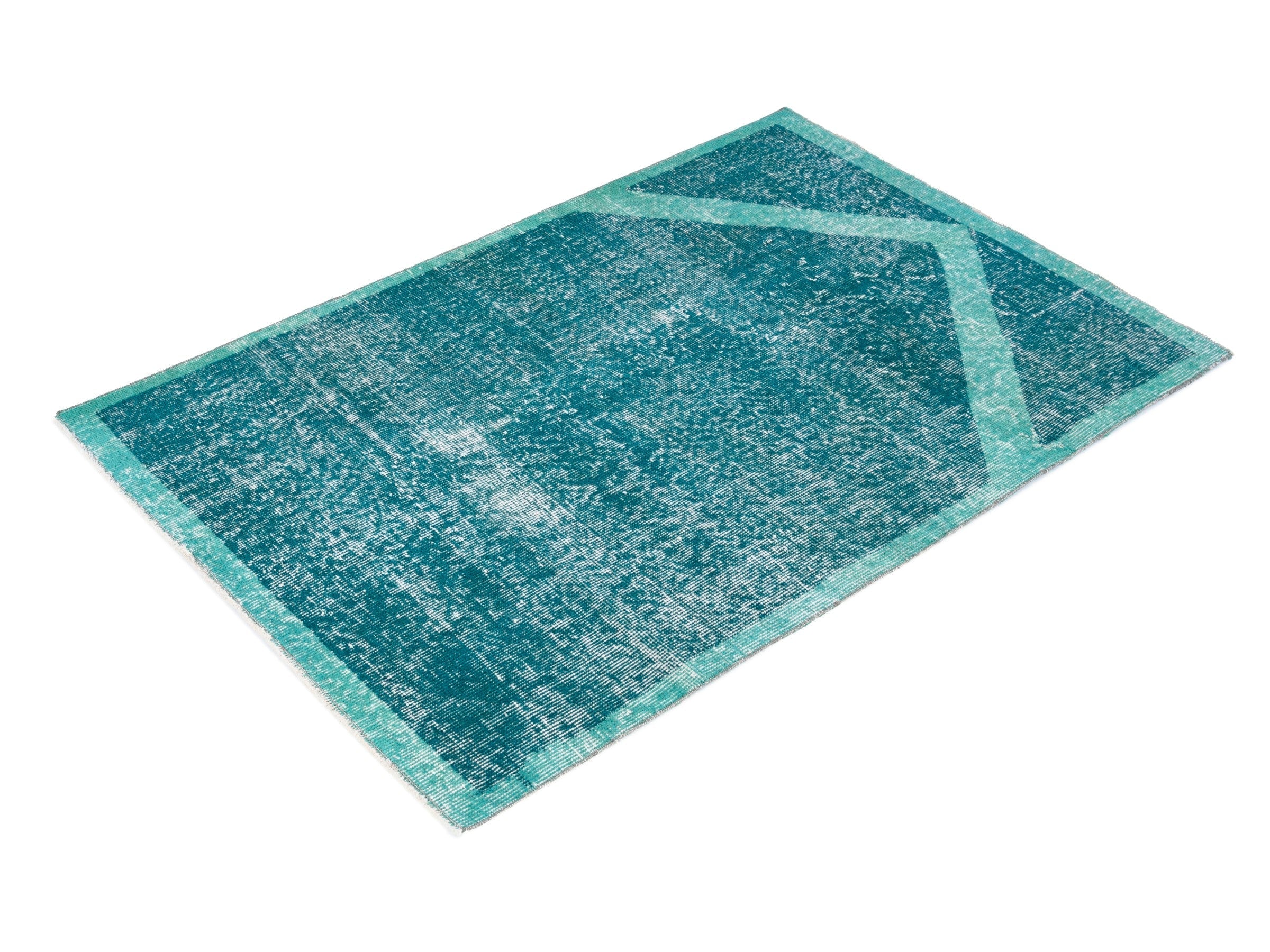 Turkish Isparta accent rug in teal and turquoise, view 3 of 9