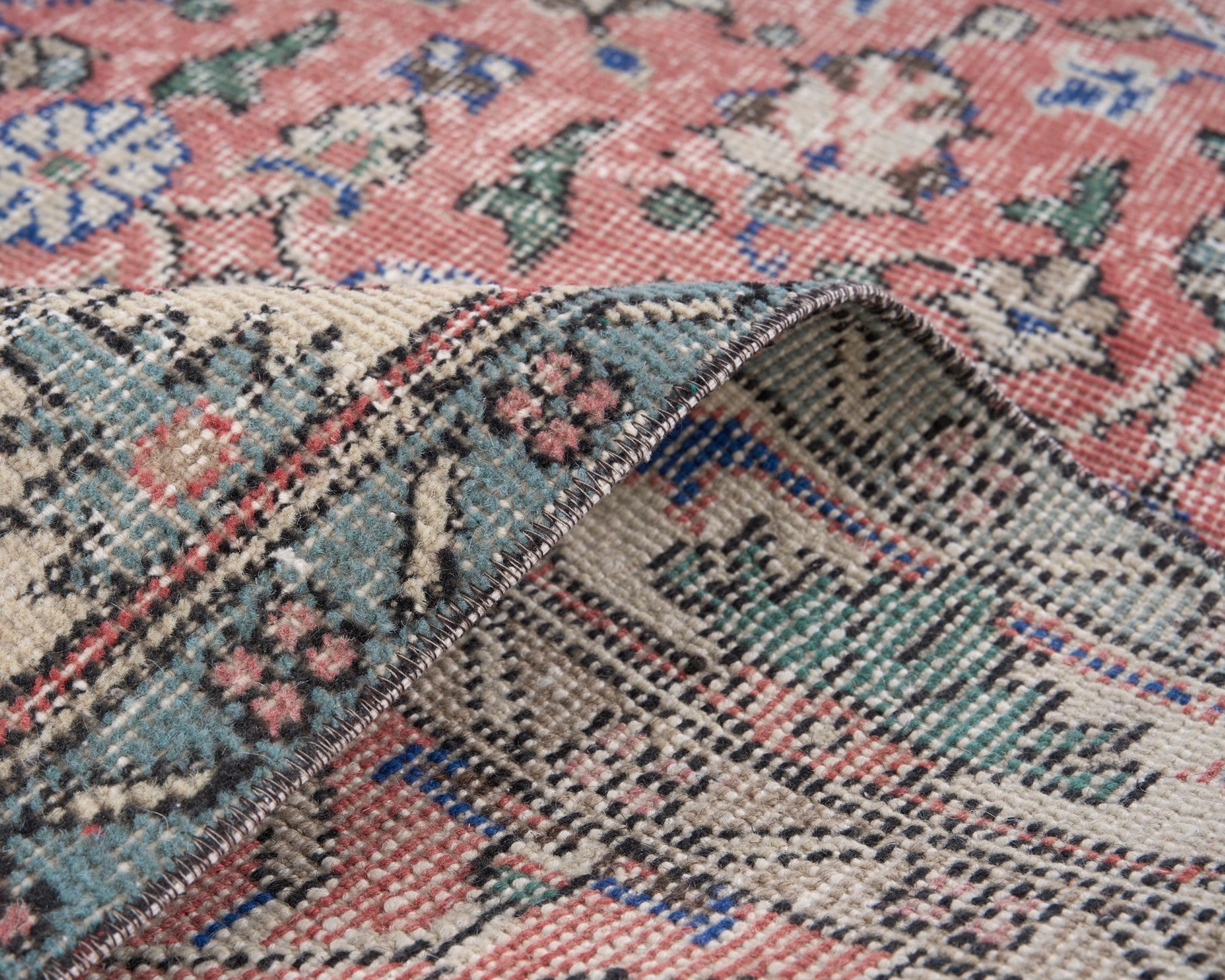 Turkish Isparta area rug in dusty rose and cream, view 9 of 10