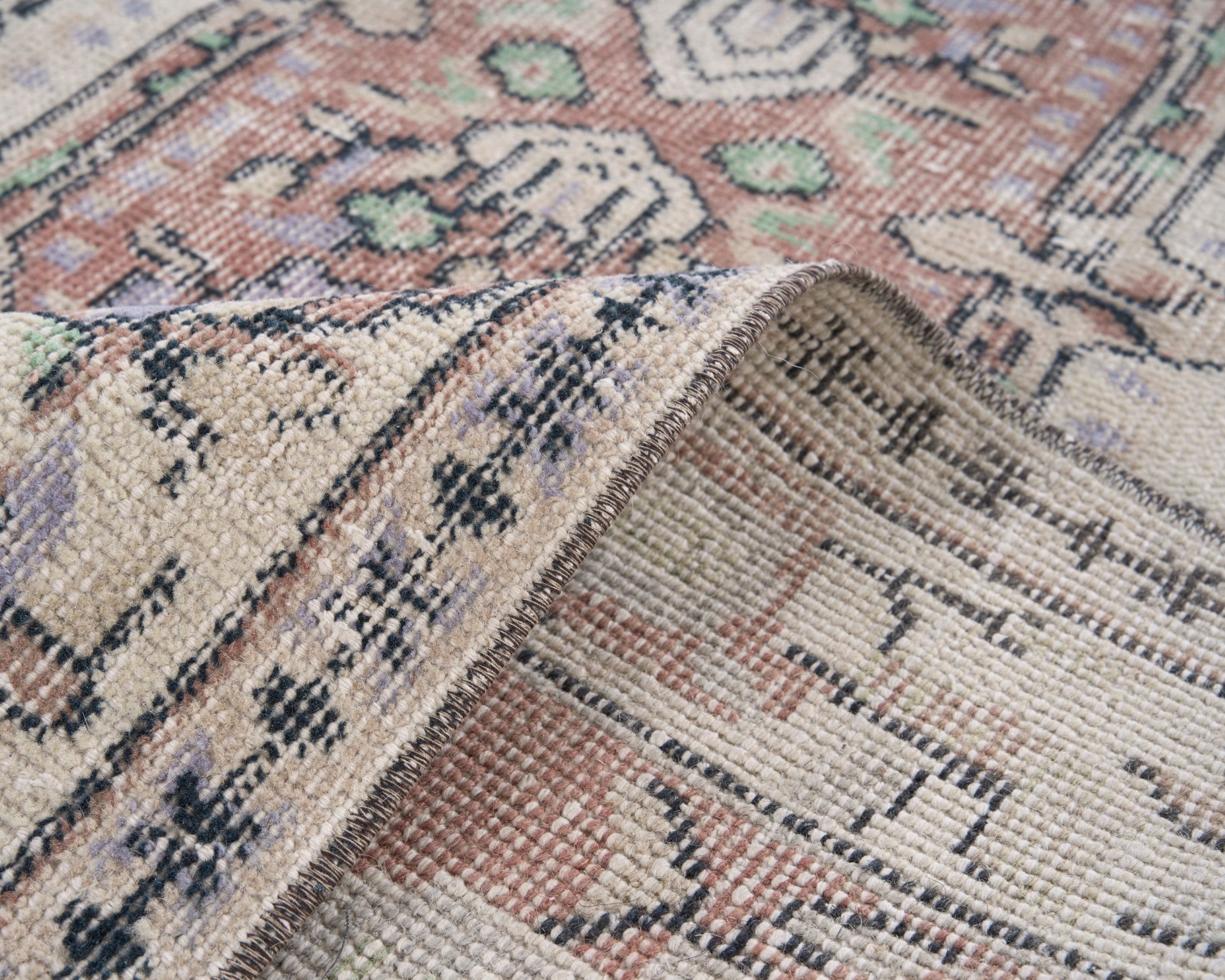 Turkish Isparta area rug in dusty rose and greige, view 9 of 10