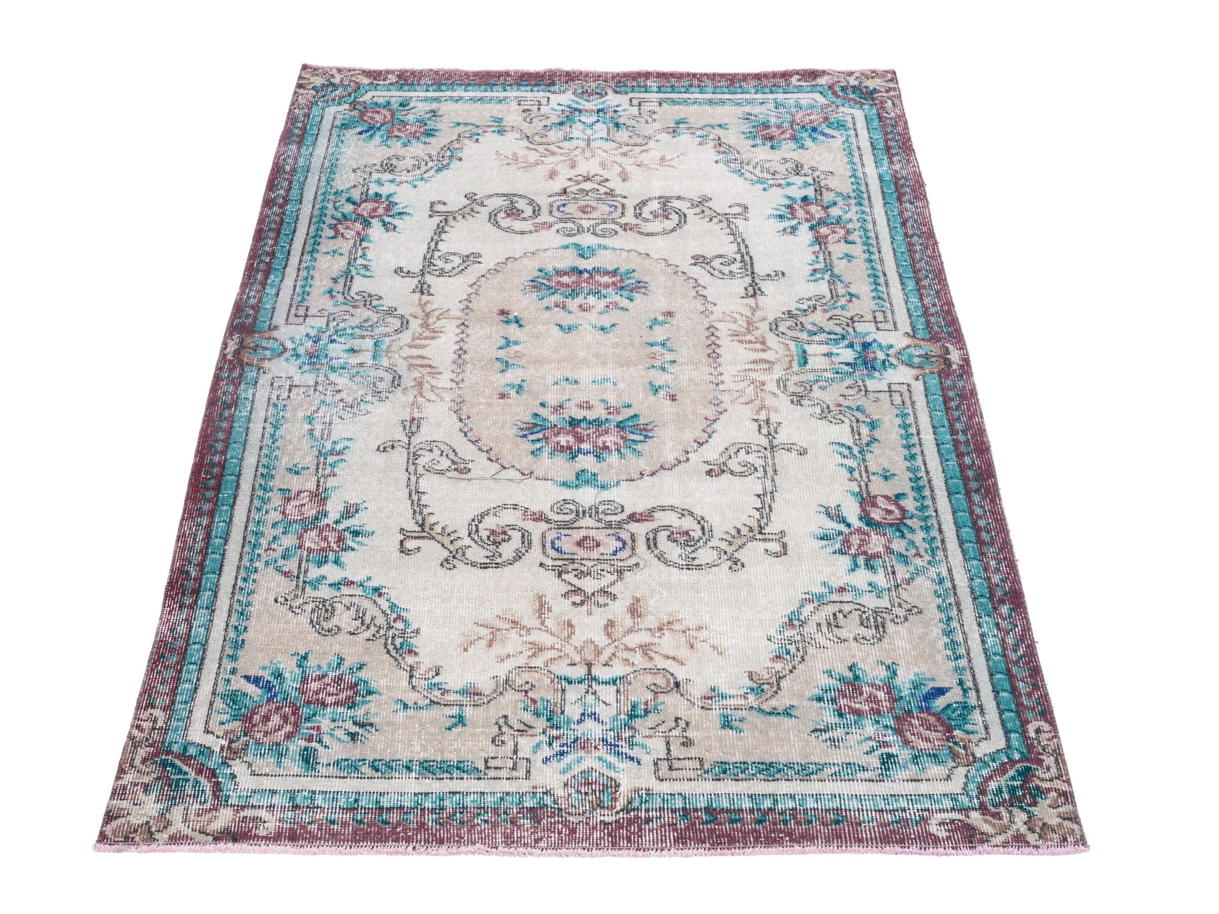 Turkish Isparta area rug in cream and turquoise, view 2 of 10