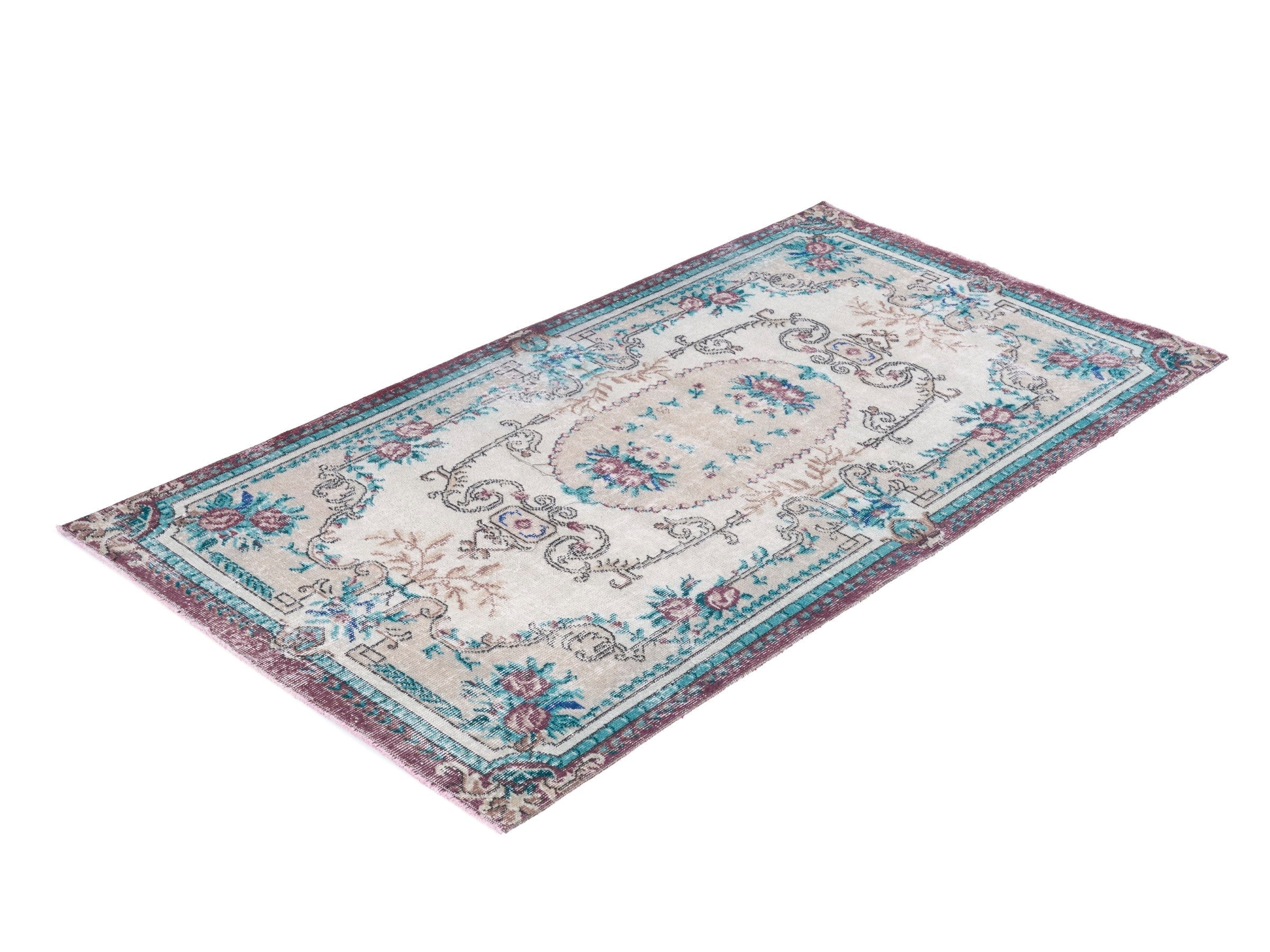 Turkish Isparta area rug in cream and turquoise, view 3 of 10