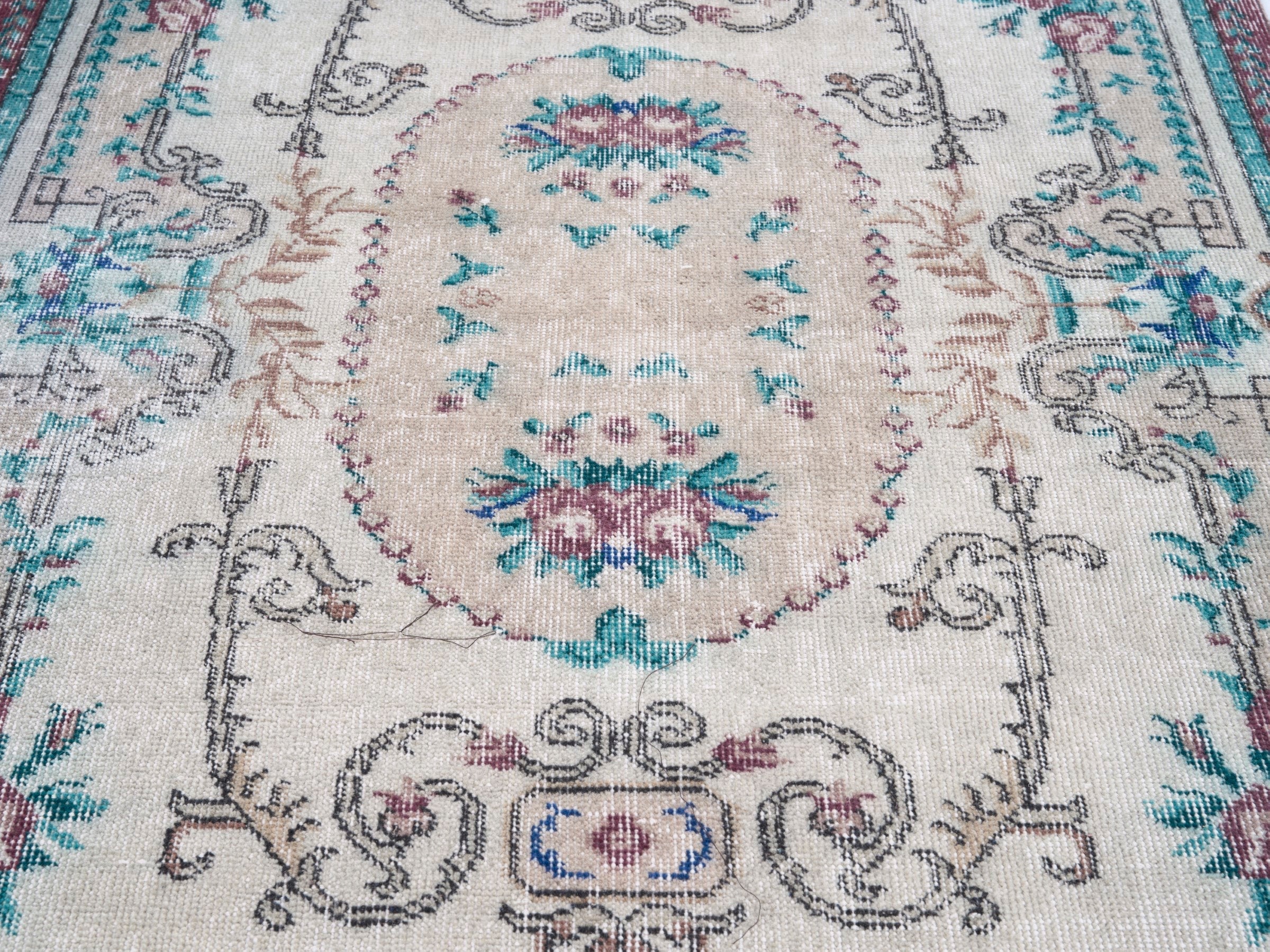 Turkish Isparta area rug in cream and turquoise, view 4 of 10