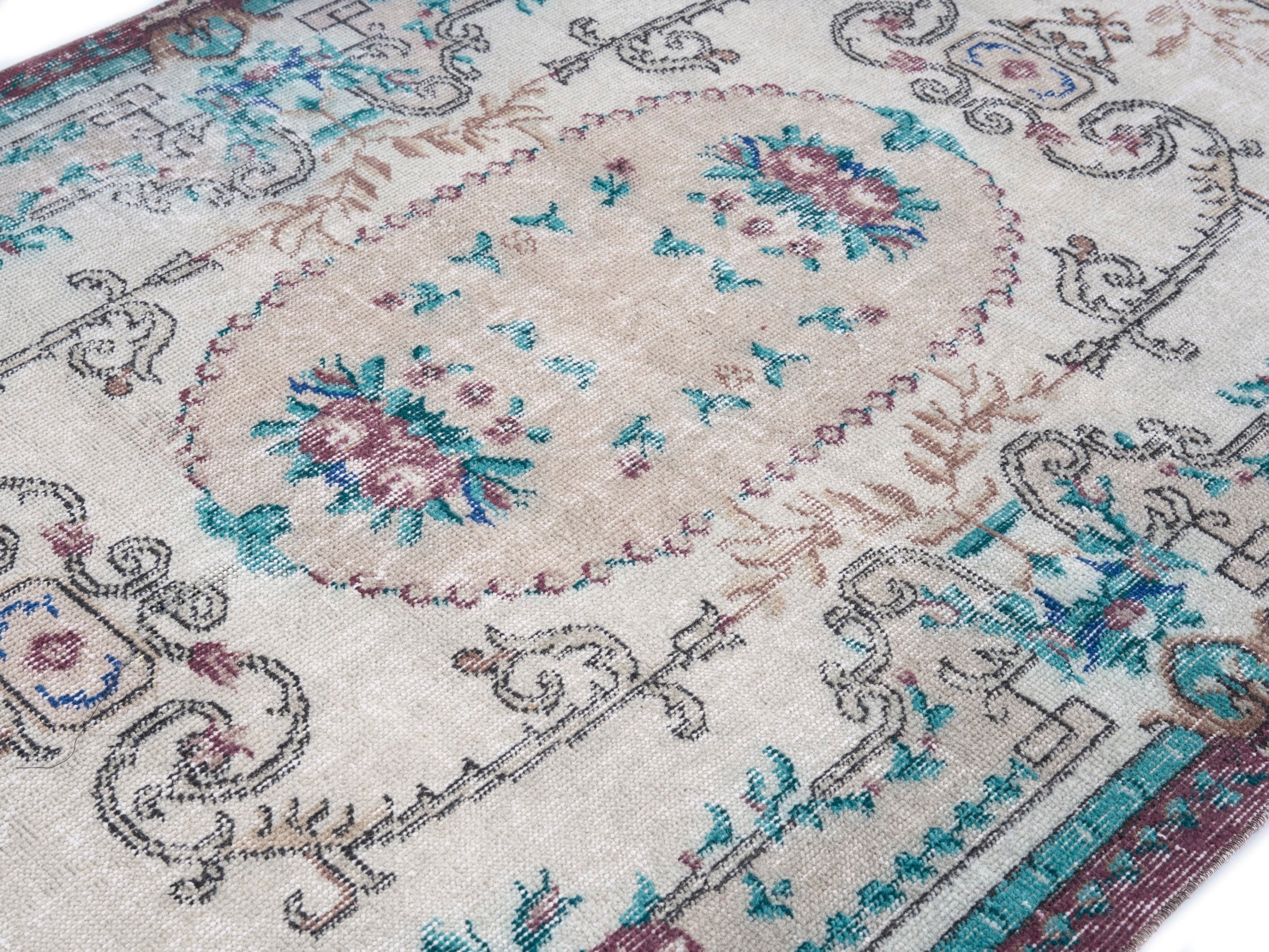 Turkish Isparta area rug in cream and turquoise, view 5 of 10