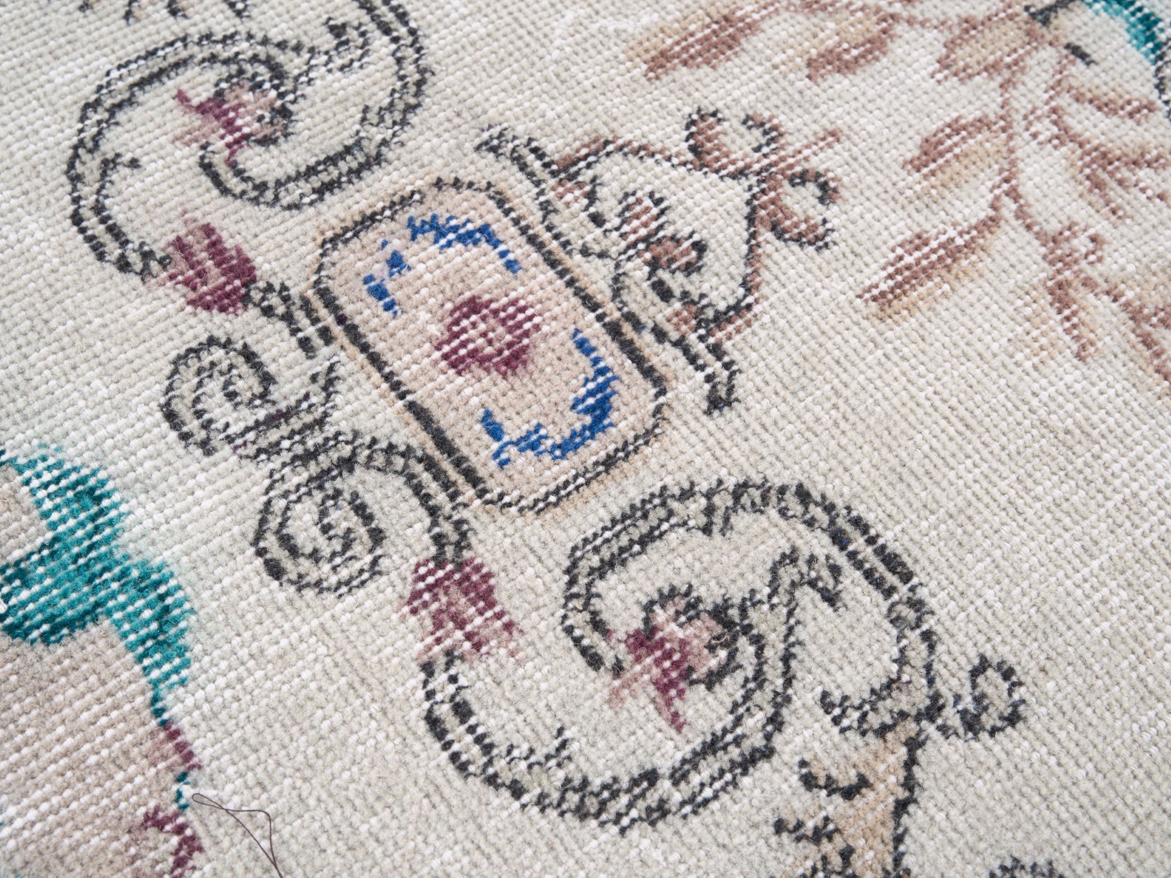 Turkish Isparta area rug in cream and turquoise, view 7 of 10