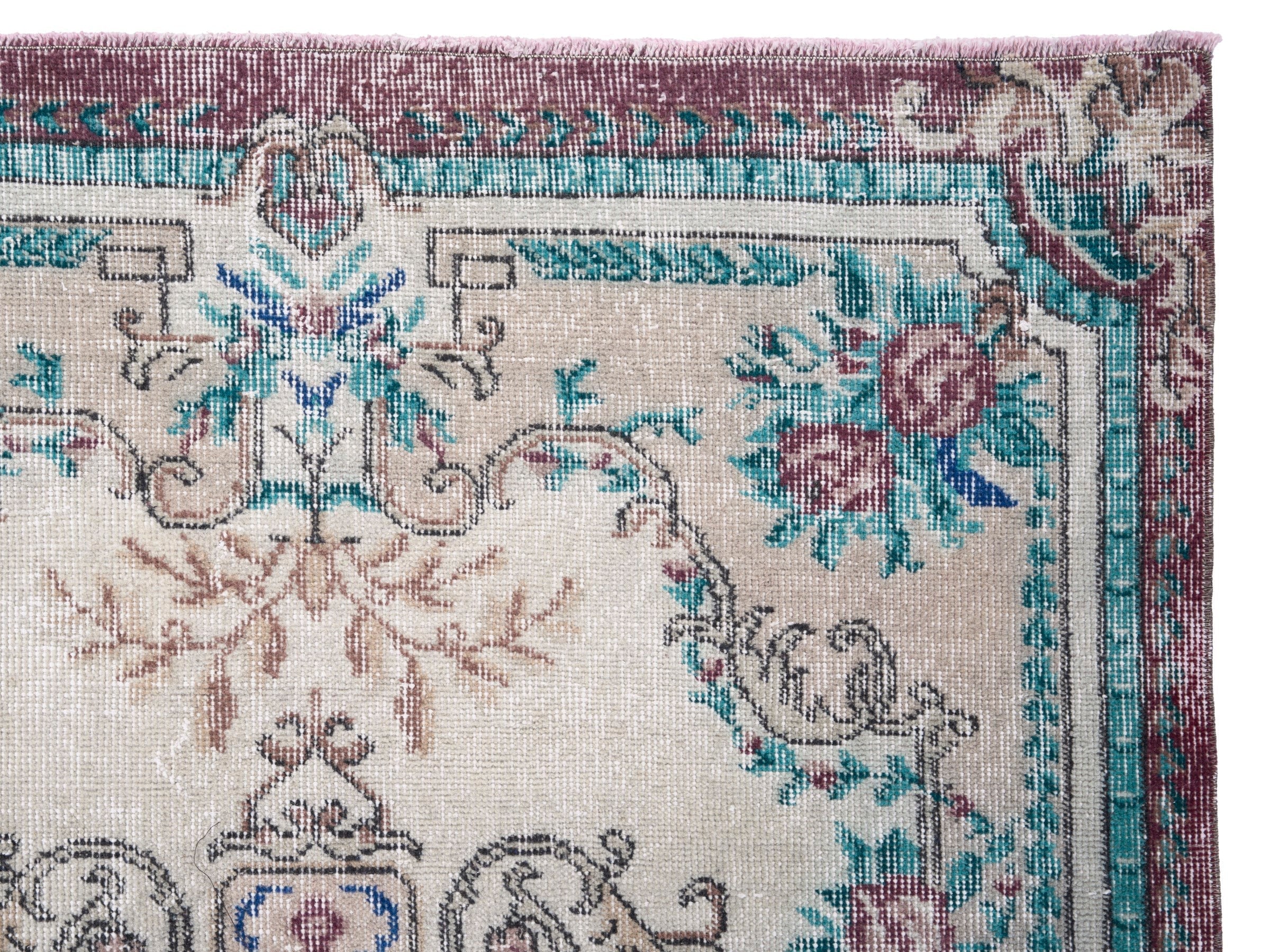 Turkish Isparta area rug in cream and turquoise, view 8 of 10