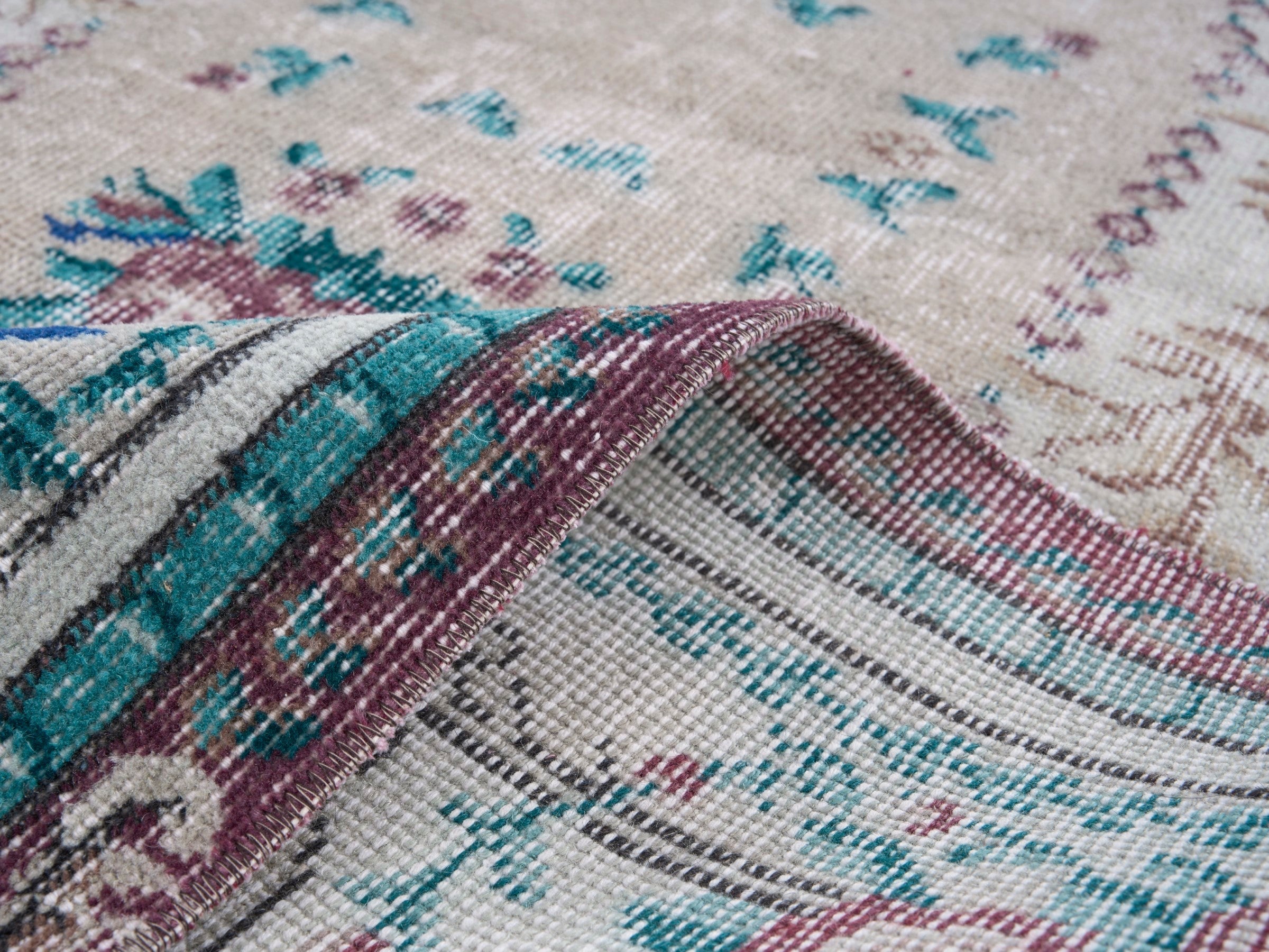 Turkish Isparta area rug in cream and turquoise, view 9 of 10
