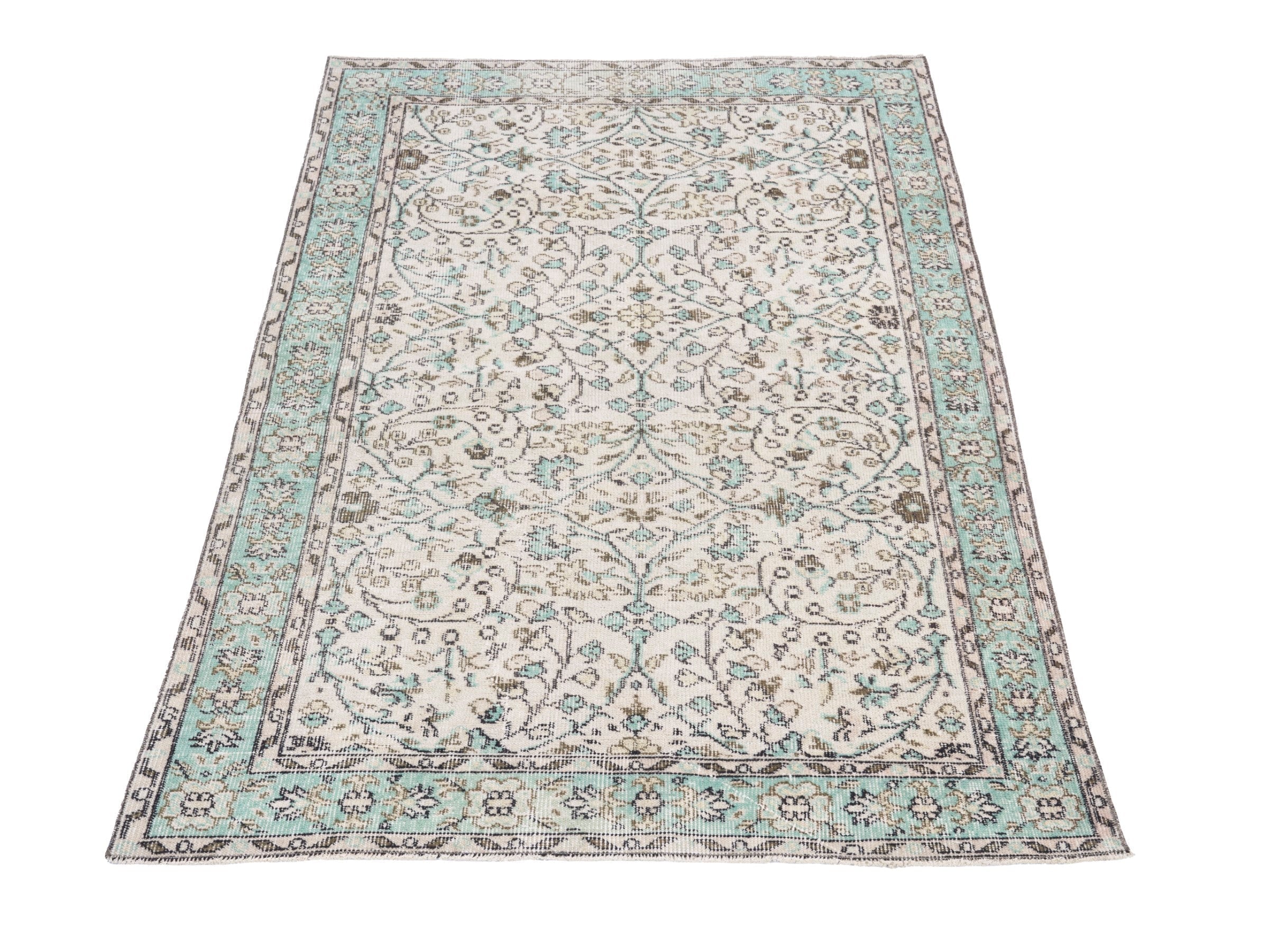 Turkish Isparta area rug in cream and turquoise, view 2 of 10