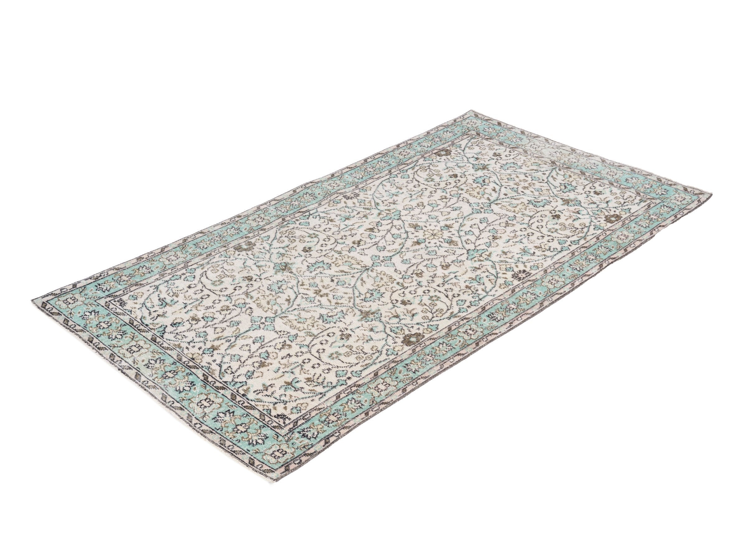 Turkish Isparta area rug in cream and turquoise, view 3 of 10
