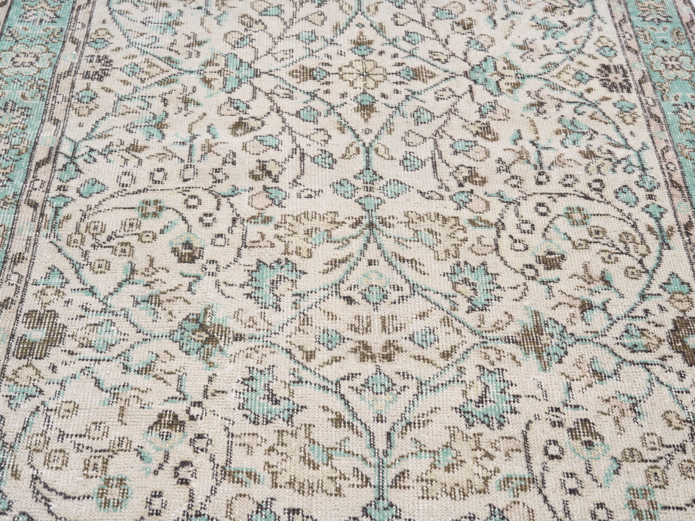 Turkish Isparta area rug in cream and turquoise, view 4 of 10