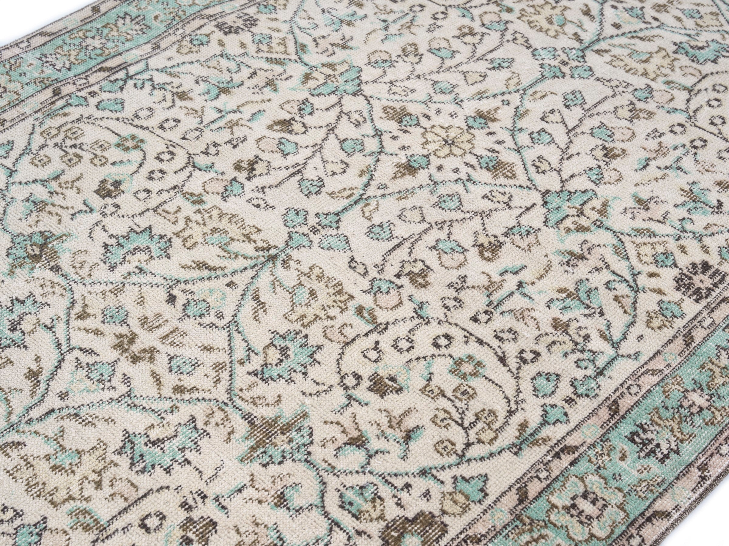 Turkish Isparta area rug in cream and turquoise, view 5 of 10