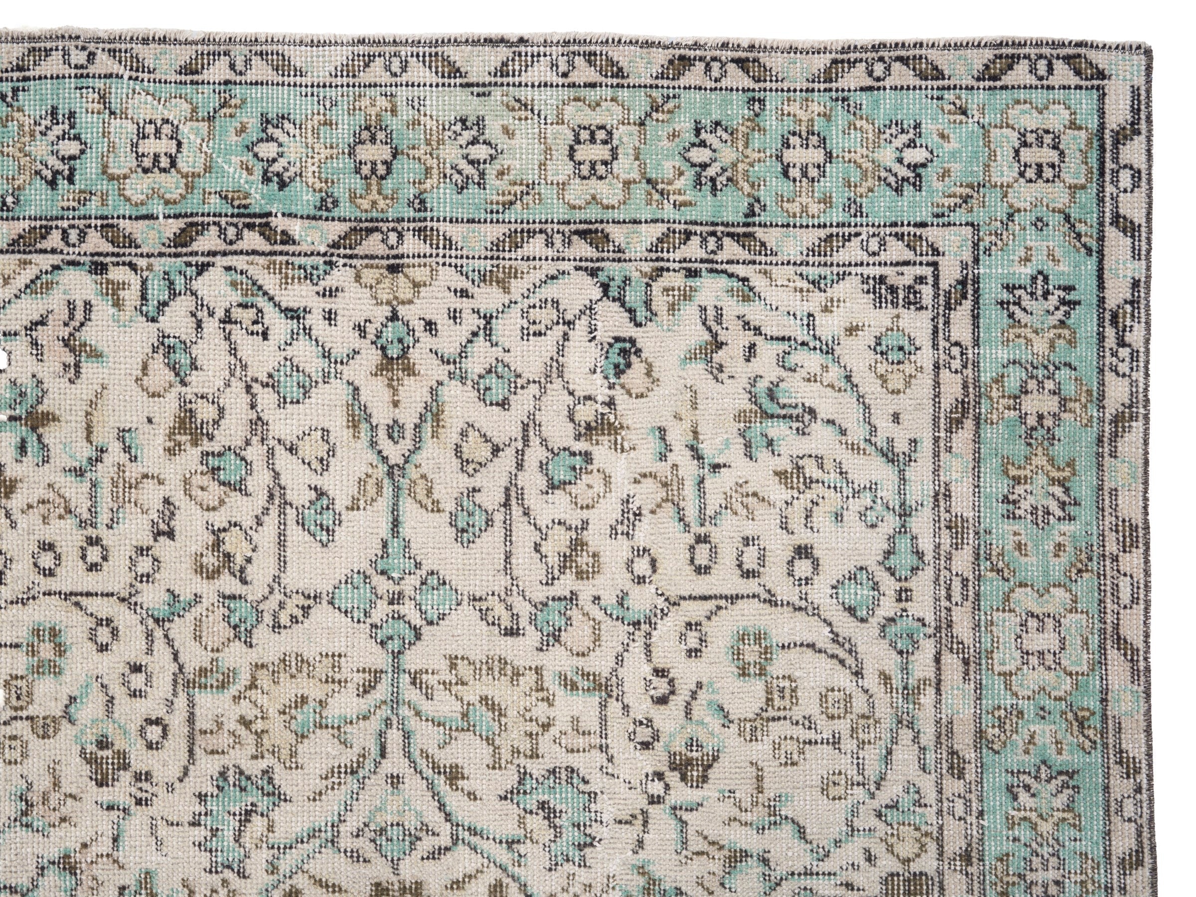 Turkish Isparta area rug in cream and turquoise, view 8 of 10