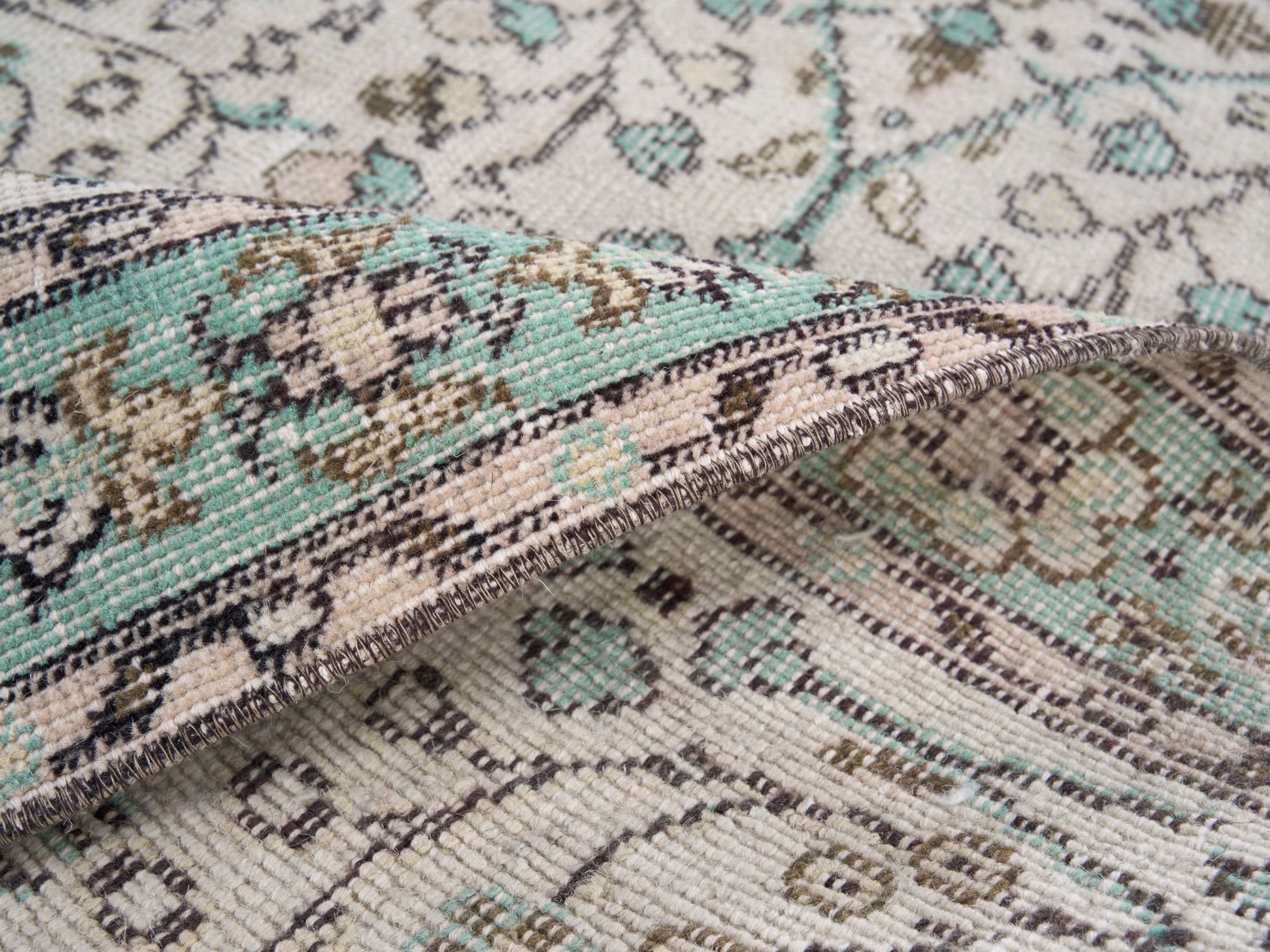 Turkish Isparta area rug in cream and turquoise, view 9 of 10