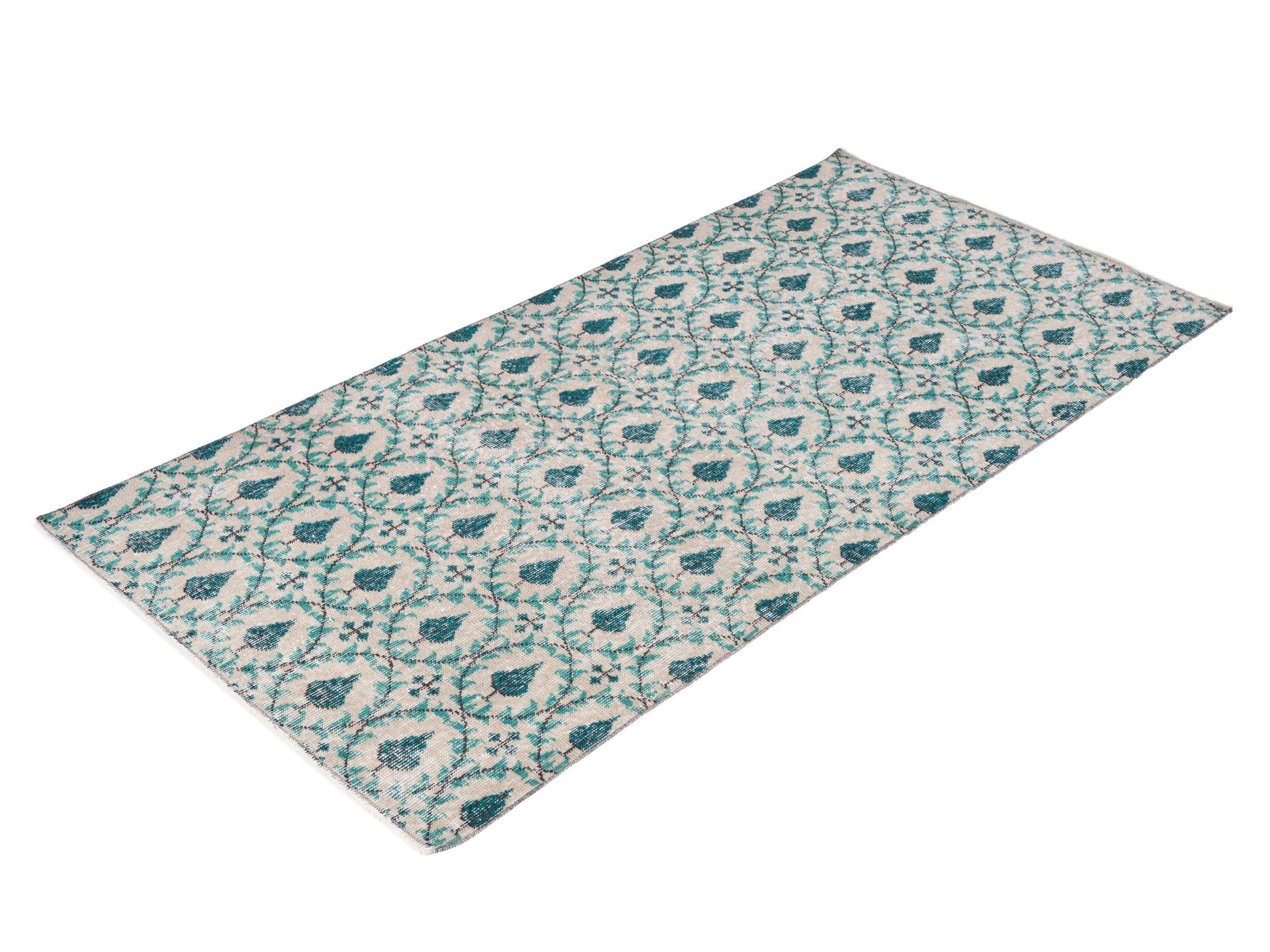 Turkish Isparta runner rug in cream and teal, view 3 of 10