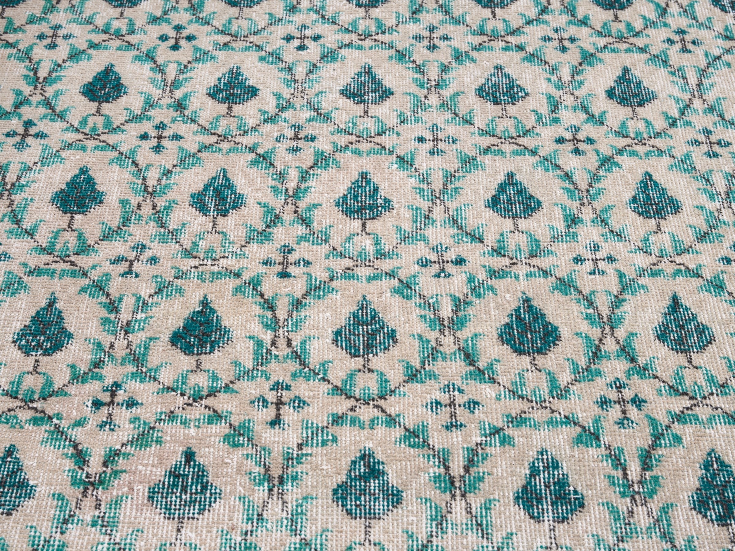 Turkish Isparta runner rug in cream and teal, view 4 of 10